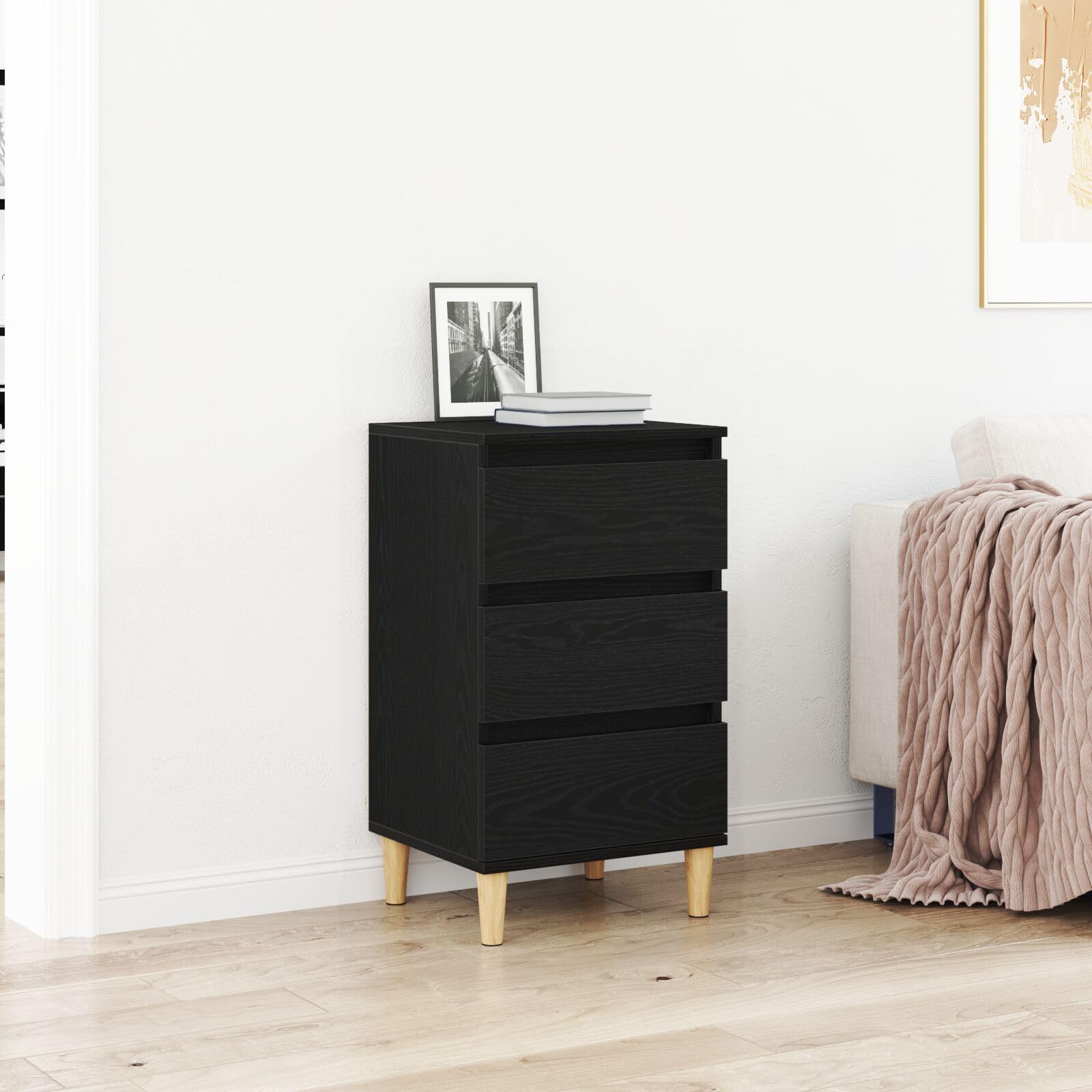SXZenSpace 863429 Bedside Cabinet Black Oak 40x35x70 cm Engineered Wood Tables Drawers Side End Table Nightstand Storage Organizer Home Stand for Bedroom