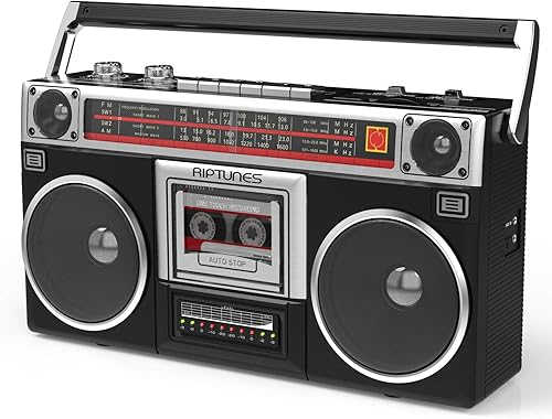 Miniatura 8 de Riptunes Boombox - Grabadora de casete de radio, radio AMFM -SW1SW2, transmisión inalámbrica, ranuras USBMicro SD, entrada auxiliar, conector de