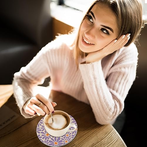 Miniatura 6 de Juego de 4 posavasos de cerámica con fondo de corcho para tazas y tazas, decoración del hogar, 4 pulgadas Retro Groovy Flores Abstracto Margarita