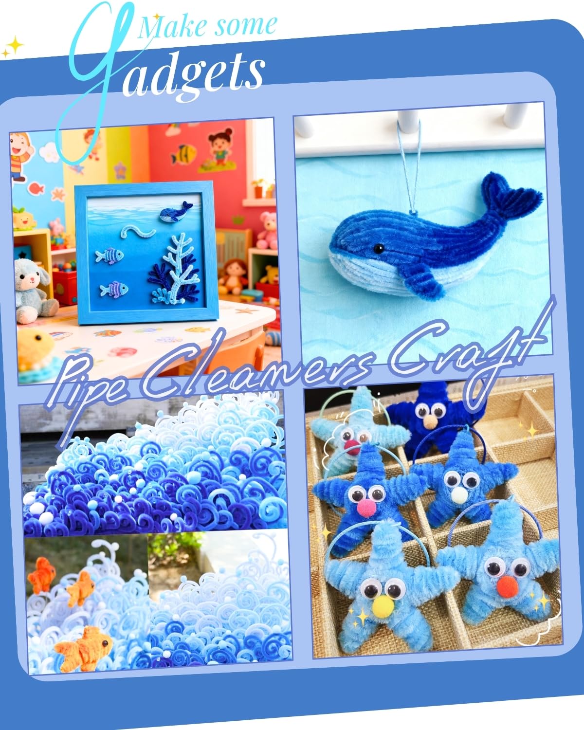 300 Piezas Limpiapipas Chenilla Azul con Ojos Móviles (5 Tonos Diferentes) | Blue Pipe Cleaner(30CM x 6mm) Para Manualidades: Hacer Flores, Animales,Decor Hogar y Actividades Creativas