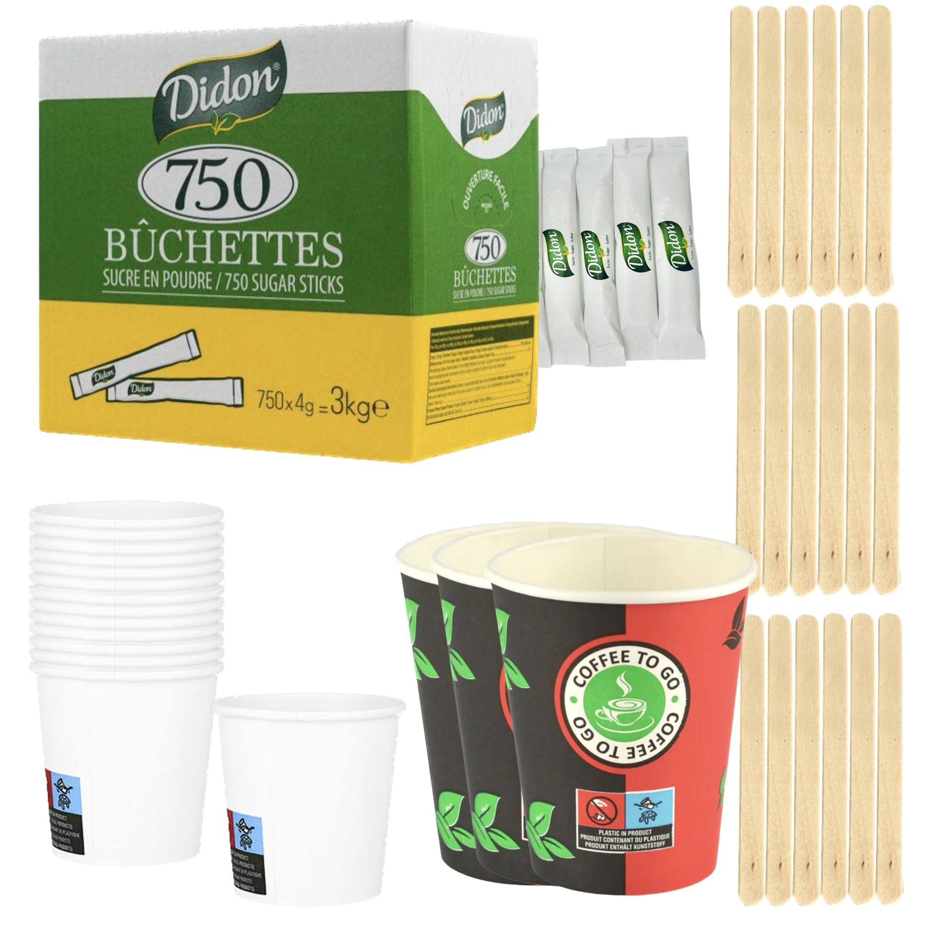 Kit Complet Boissons Chaudes, Pack Essentiel Café, Set Café Tout-en-Un,750 Sachets Bûchettes de Sucre +1000 Touillettes en Bois (Agitateurs) + 200 Gobelets 8oz(200ml) + 300 Gobelets 4oz(120ml)