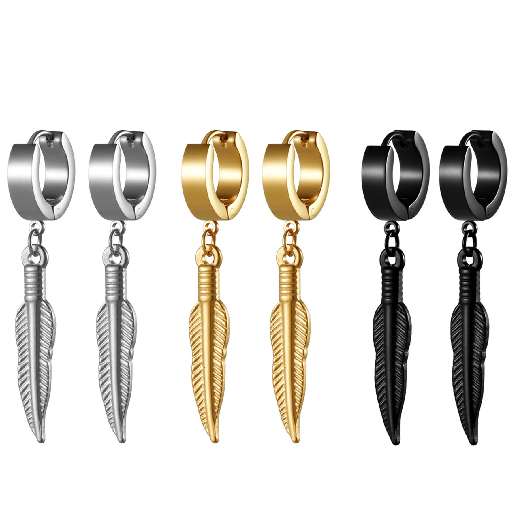 JewelryWe 3 pares de pendientes de plumas para hombres y mujeres, tendencia de moda de acero inoxidable con plumas colgantes