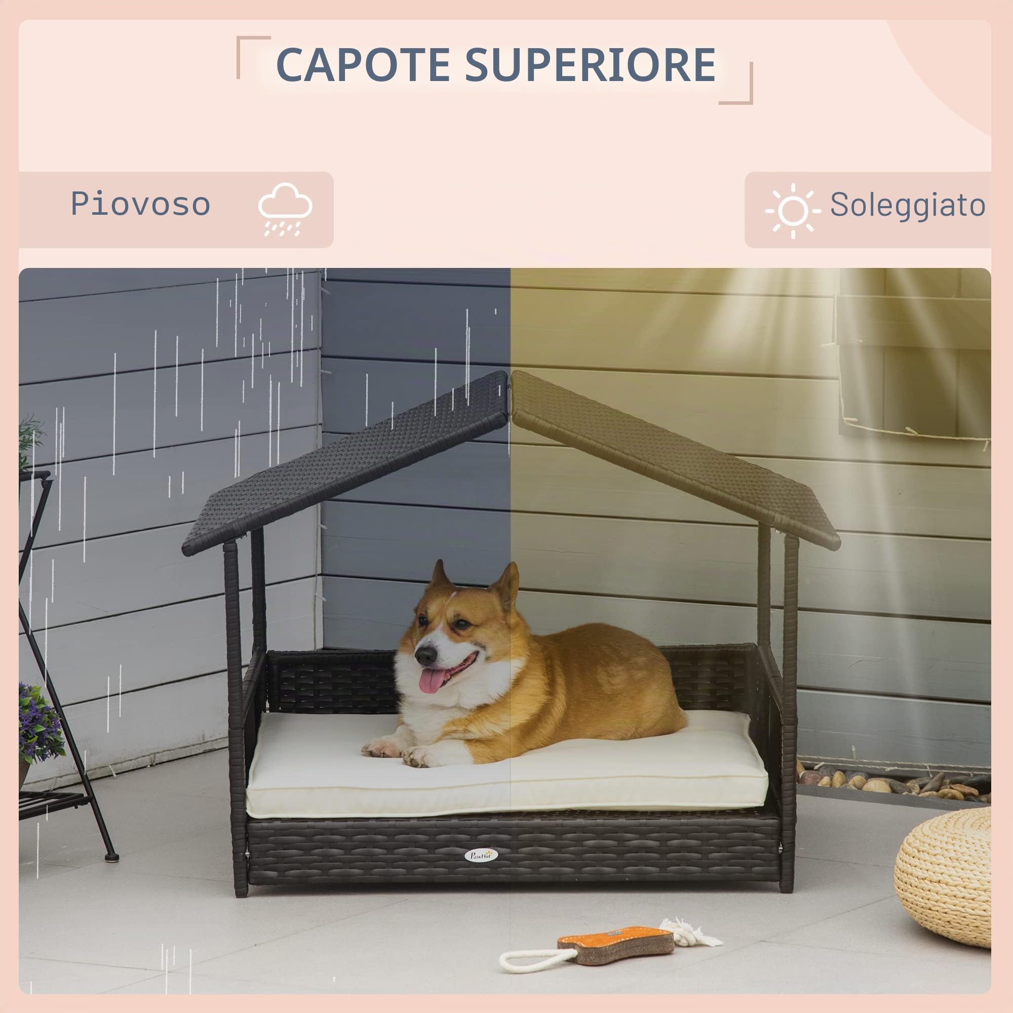 Pawhut Cuccia per cani con cuscino, letto per cani a forma di casa, casa per esterni, telaio in acciaio, PP Rattan, nero, 95 x 69 x 70 cm