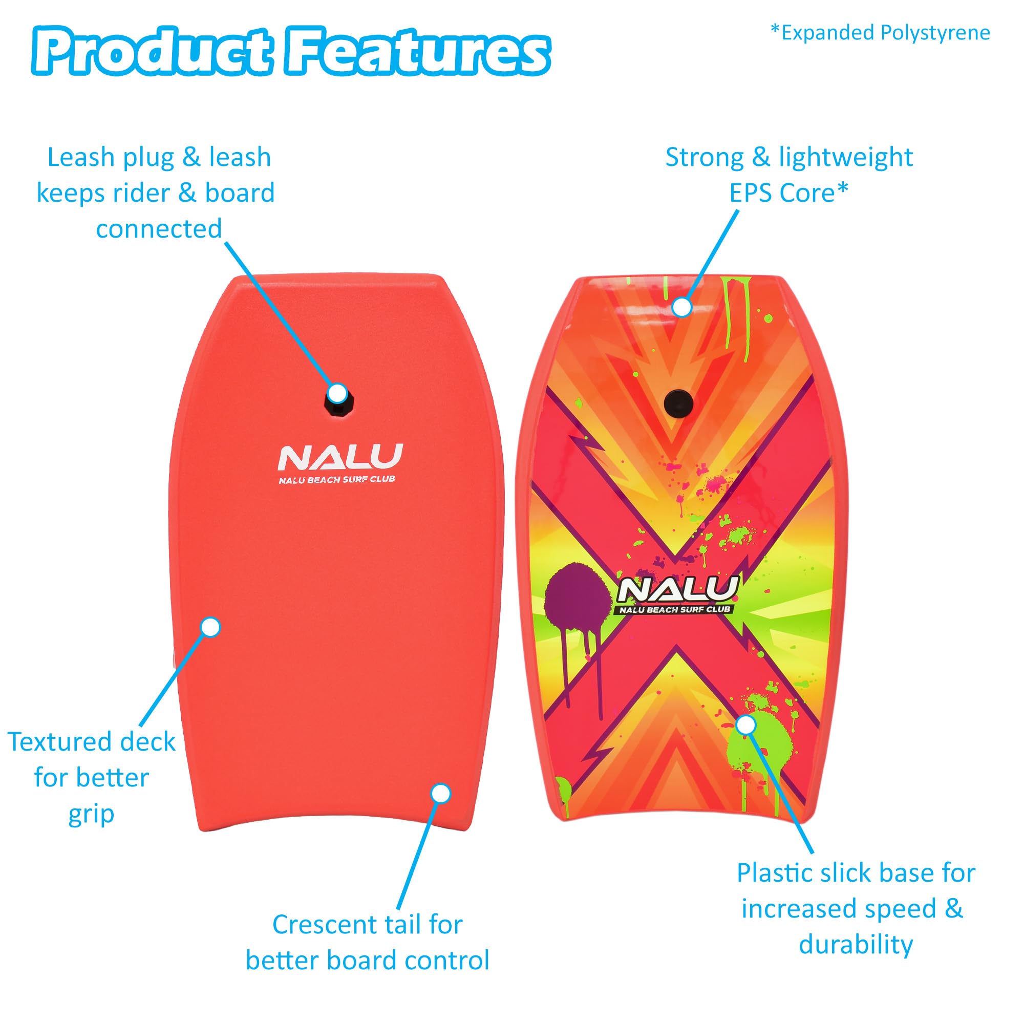 Nalu Bodyboard Cross Bodyboard en EPS avec laisse et bouchon Rouge 104,1 cm