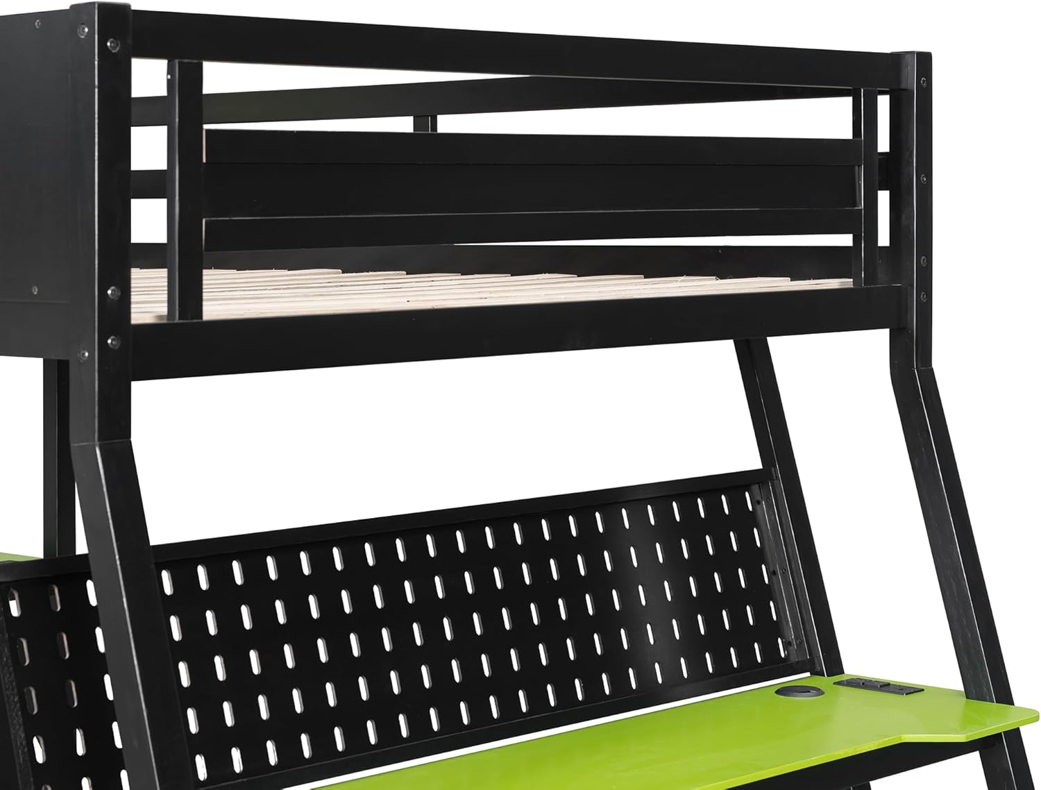 Polibi Full Over Full Bunk Bed with 2 Built-in Gaming Desks, USB Charging Ports & Pegboard Organizer, Heavy-Duty Gaming Bed Frame for Teens/Adults, Green (Full Size)