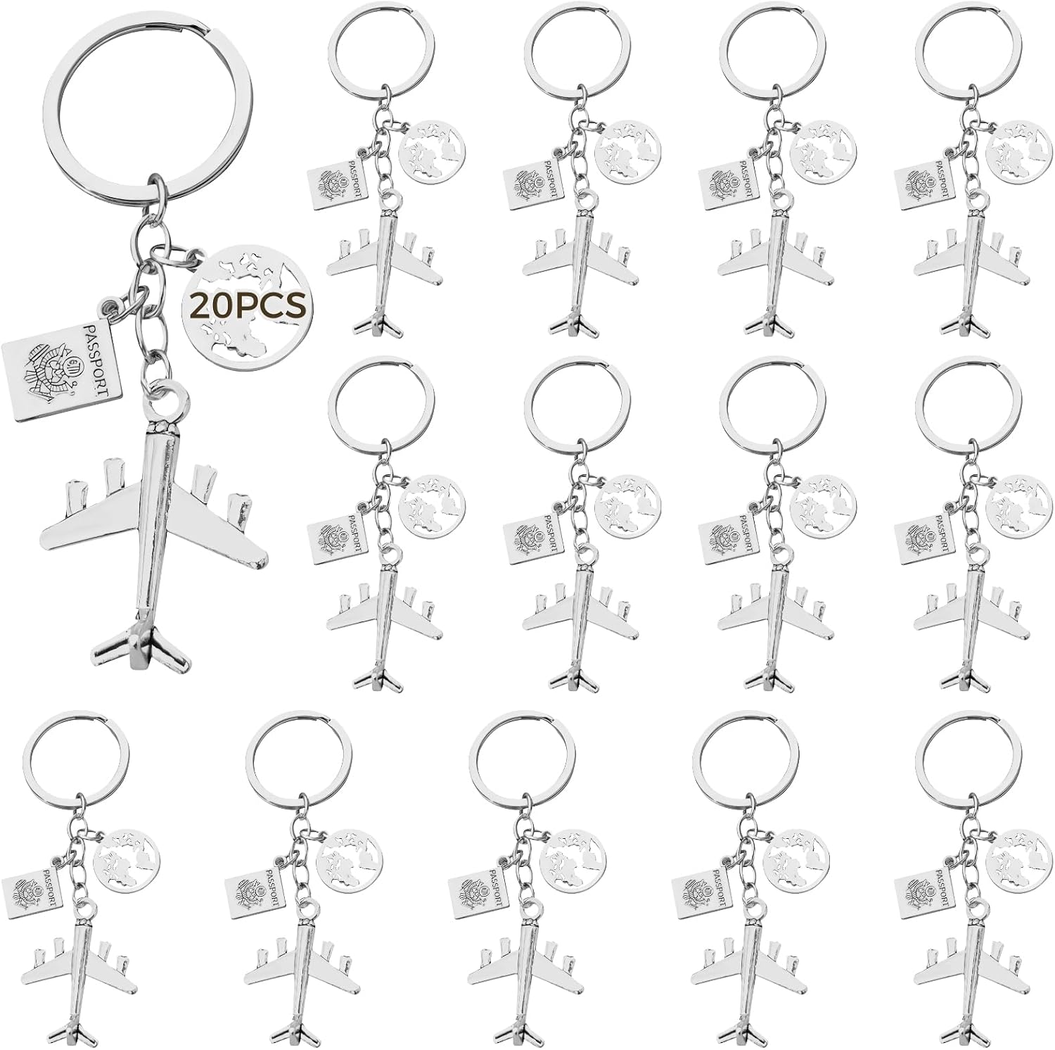 20 Travel Keychains With Airplane, Compass, Passport, And World Map Charms For Aviation Enthusiasts & Explorers