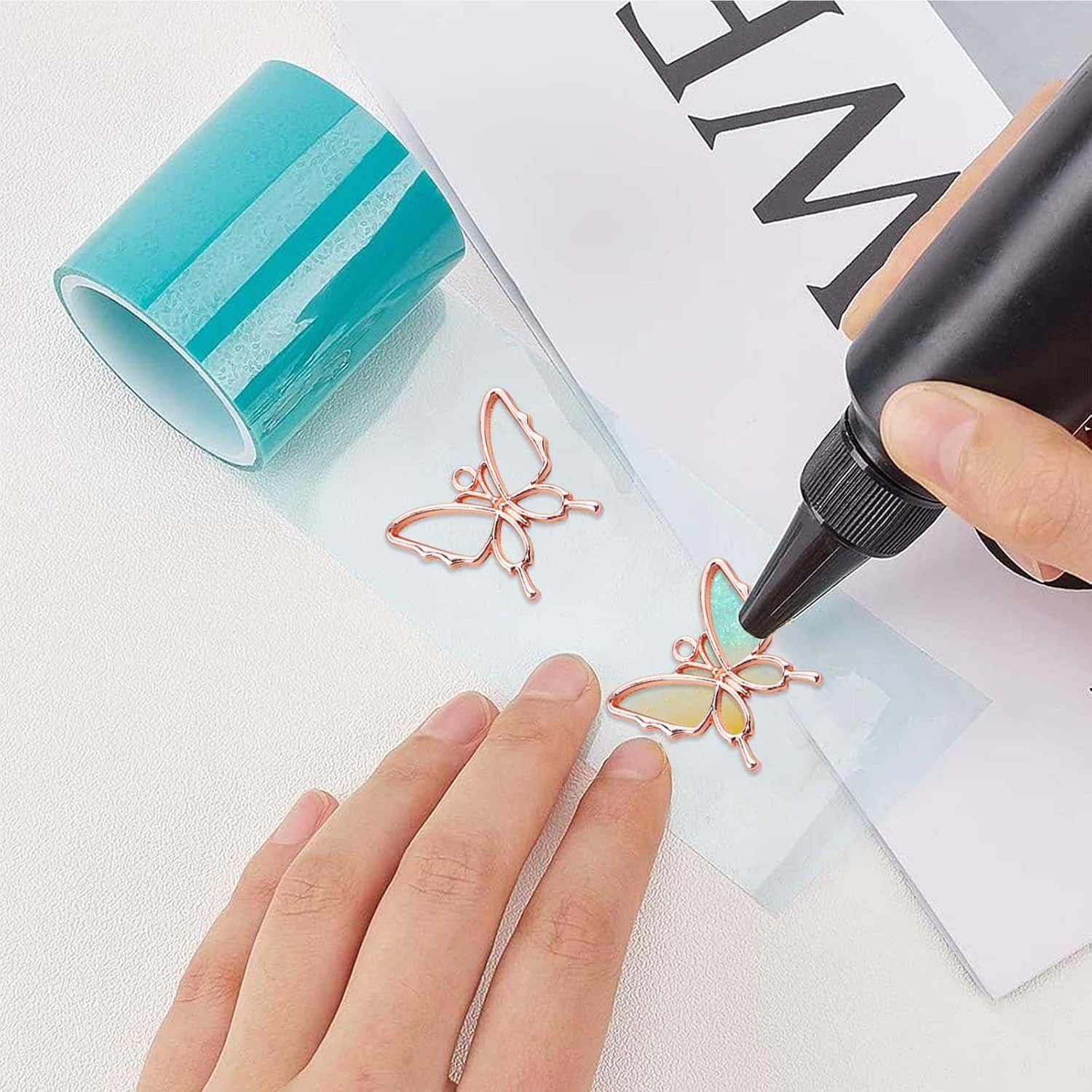 20pcs Rose Golden Butterfly Shape Open Back Bezel Pendants Alloy Hollow Butterfly Wings Frame Resin Mould Charms for DIY Necklace Earrings Jewelry Making Findings, 5 Styles - Image 4