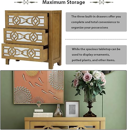 Miniatura 5 de Armario de acento, armario de almacenamiento de madera con 3 cajones y espejo decorativo, gabinete de almacenamiento decorativo, mesa de consola de