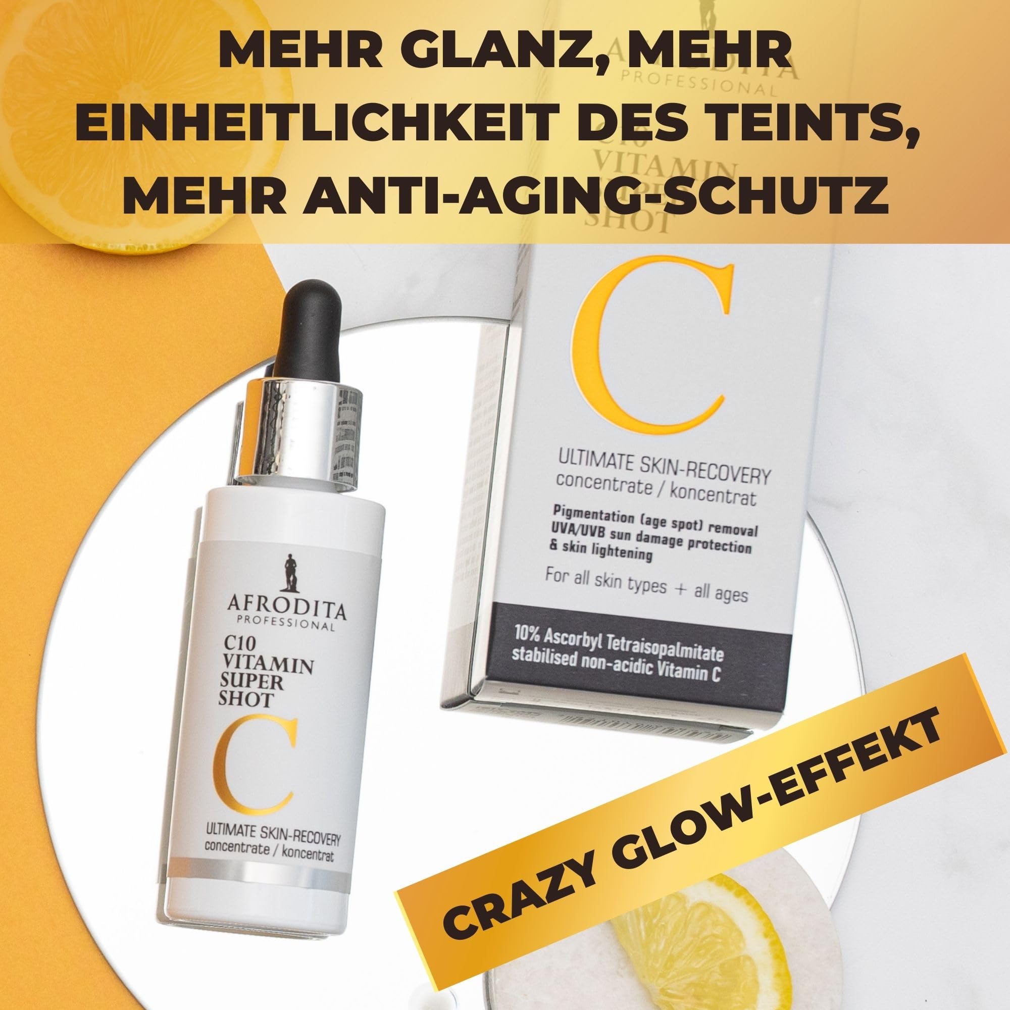 Afrodita Professional C10 Vitamin Super Shot Serum | 10% stabilisiertes Vitamin C Gesichtsserum gegen Pigmentflecken | Aufhellendes Anti-Aging Serum mit Glow-Effekt für alle Hauttypen 30 ml