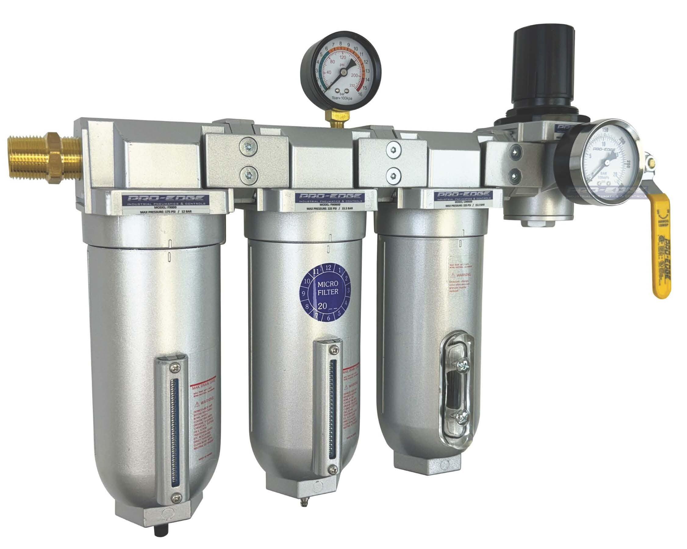 1" NPT Industrial (4-Stage) Moisture Removing Particulate Filter and Oil Removing Coalescing Filter and Desiccant Air Dryer and Air Pressure Regulator