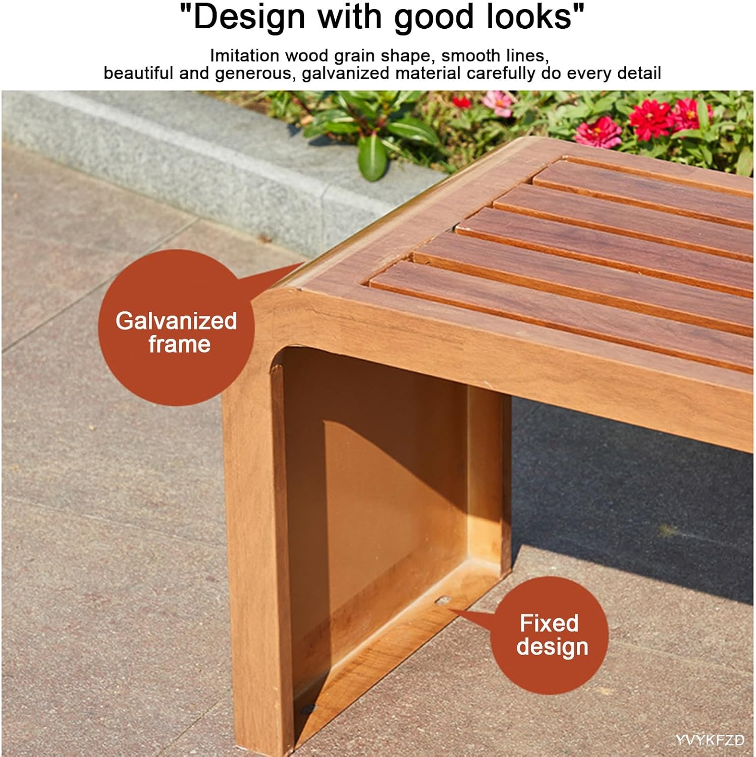 YVYKFZD 2-Person Outdoor Garden Bench, Galvanized Frame Patio Bench, Weatherproof Metal Bench Seat with Smooth Finish, One-piece Design Requires No Assembly, for Porch, Lawn (Color : Dark Wood Grain