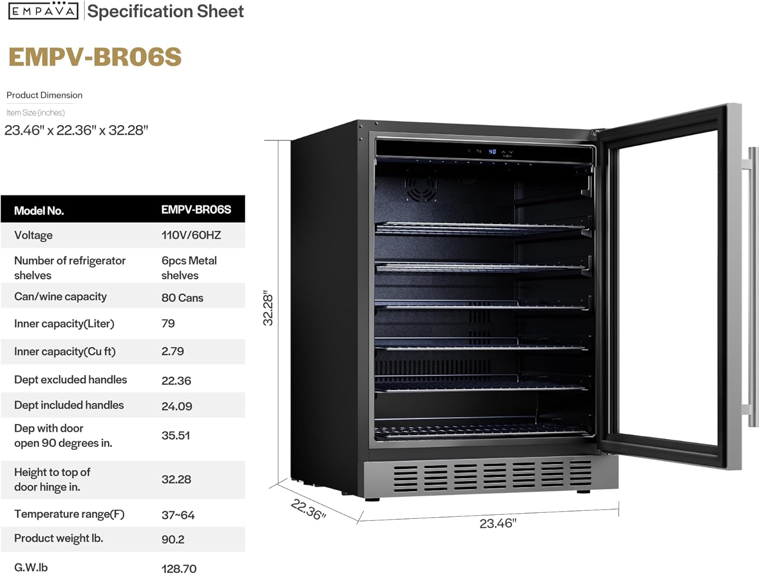 Empava 24 inch Undercounter Beverage Cooler Refrigerator with Glass Door, Freestanding Drink Fridge with LED Light, Touch Control, 140 Cans Capacity
