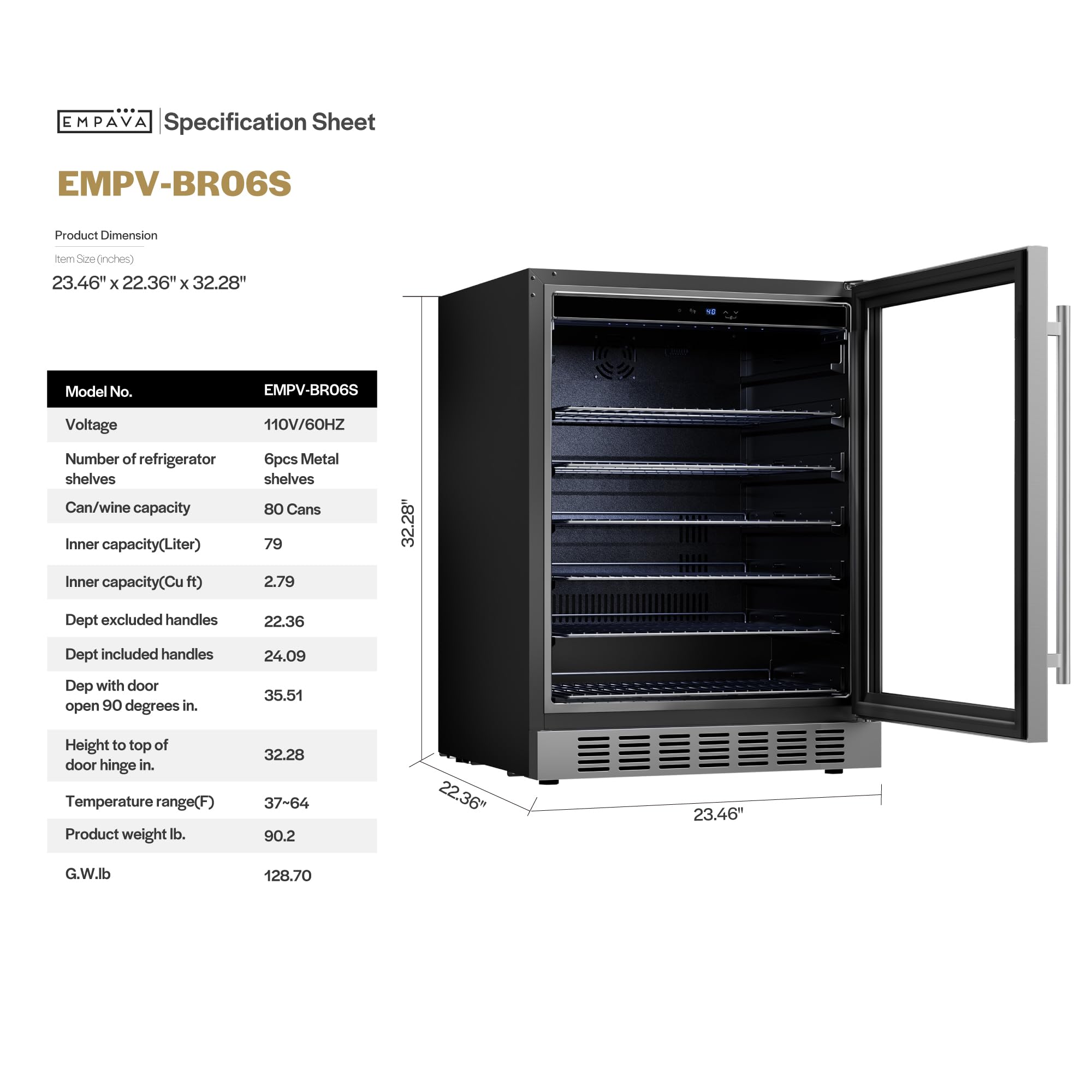 Empava 24 Inch Undercounter Beverage Cooler Refrigerator With Glass Door, Freestanding Drink Fridge With LED Light, Touch Control, 140 Cans Capacity on Fridge.com - View 2