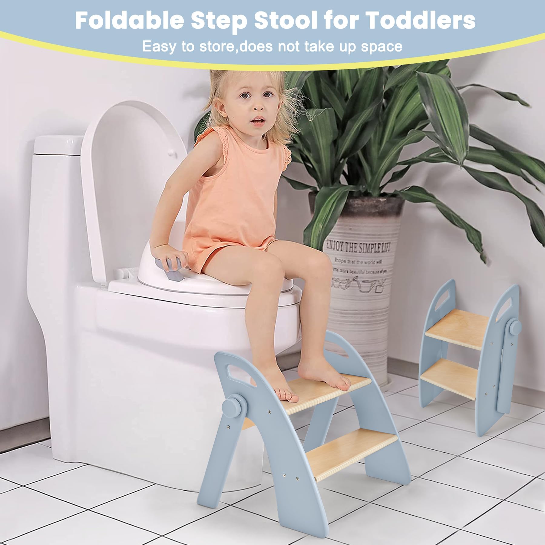 Taburete Niños Madera de 2 Peldaños Plegable, Capacidad de 130 kg con Alfombrilla Antideslizante y Asas, Escalon Infantil para Dormitorio, Cuarto de Caño, Cocina, Azul