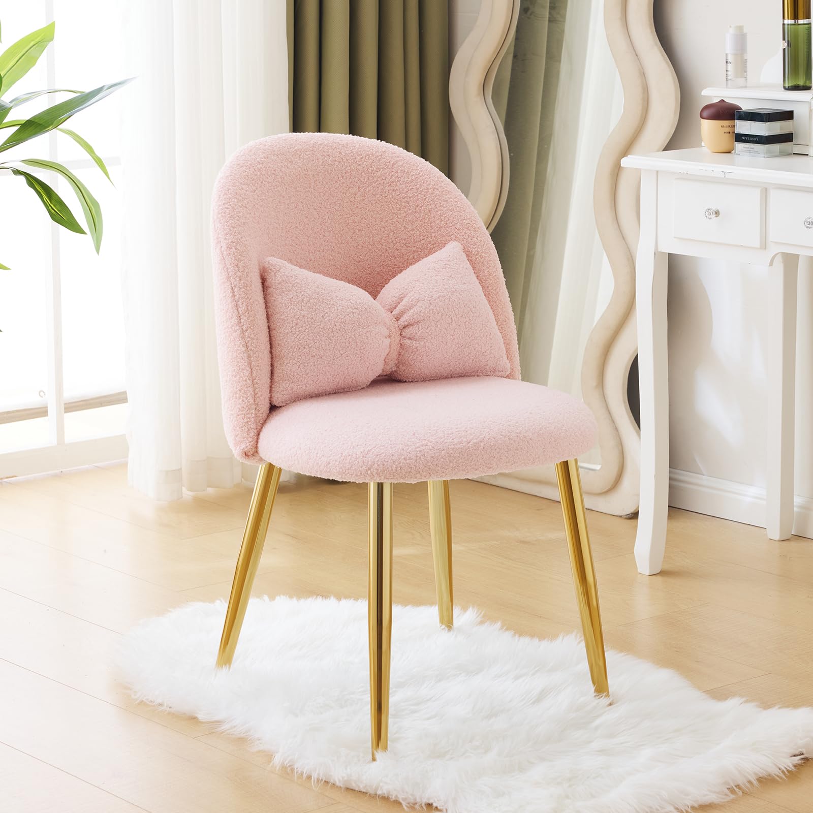 Bonnlo Fauteuil Relax, Chaise Coiffeuse, Fauteuil avec Coussin Nœud, Dossier Incurvé sans Accoudoirs, pour Salon, Bureau, Chambre, en Peluche Lapin/Teddy, 55 x 48 x 78.5 cm (Teddy & Rose)
