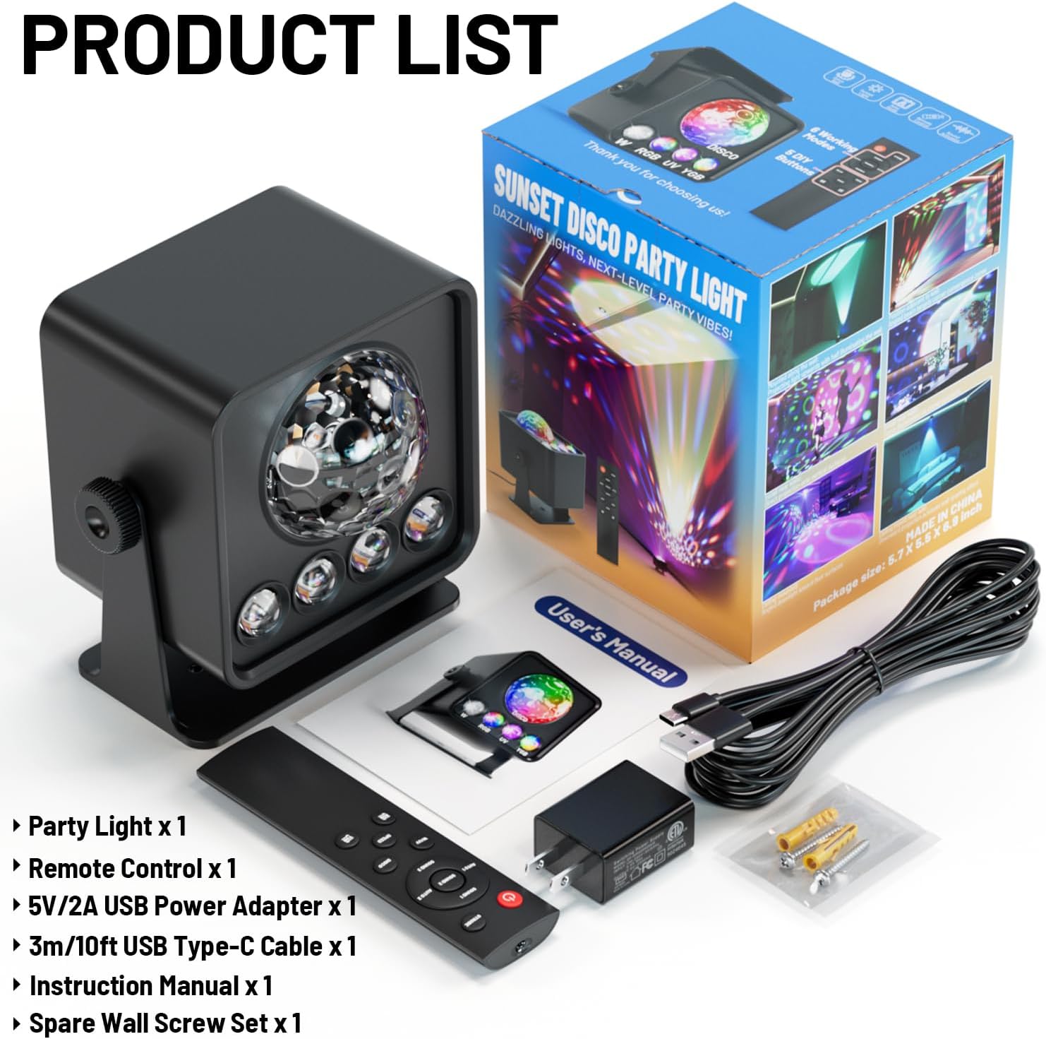 Disco Ball Party Lights Disco Light Sunset Lamp Projector with White+RGB+UV+YGB Modes LED Strobe DJ Stage Lights for TIK Tok Live Photography Parties Home Room Dance Birthday Christmas Halloween Décor