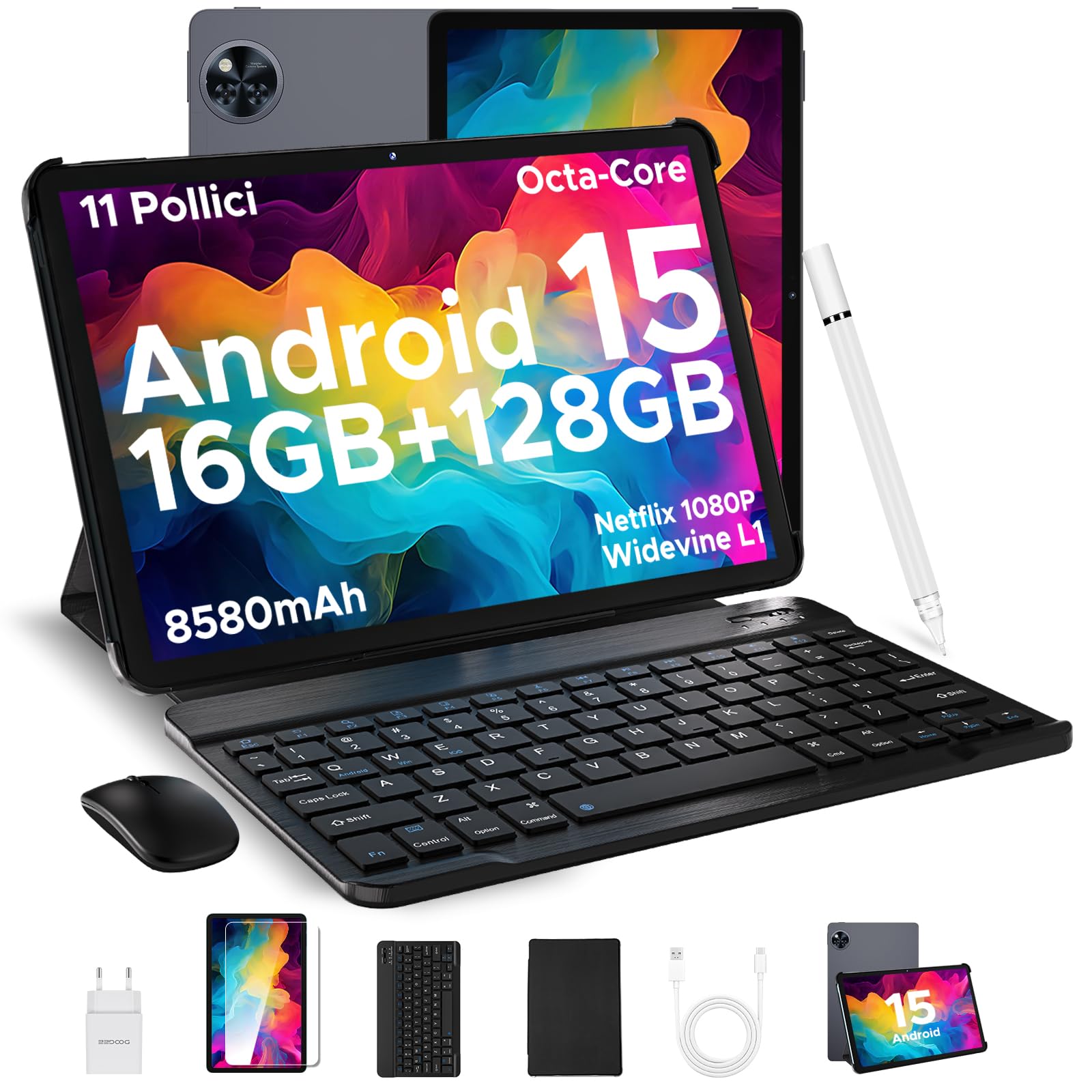 DOOGEE U11 2025 Newest Tablet 11'' Android 15 16(4+12) GB+128GB/2TB TF Octa-Core, 90Hz, 8580mAh Android Tablet, Tablet in Offerta WiFi, 13MP Tablet, Tablet con Tastiera& Mouse& Penna& Case- Grigio