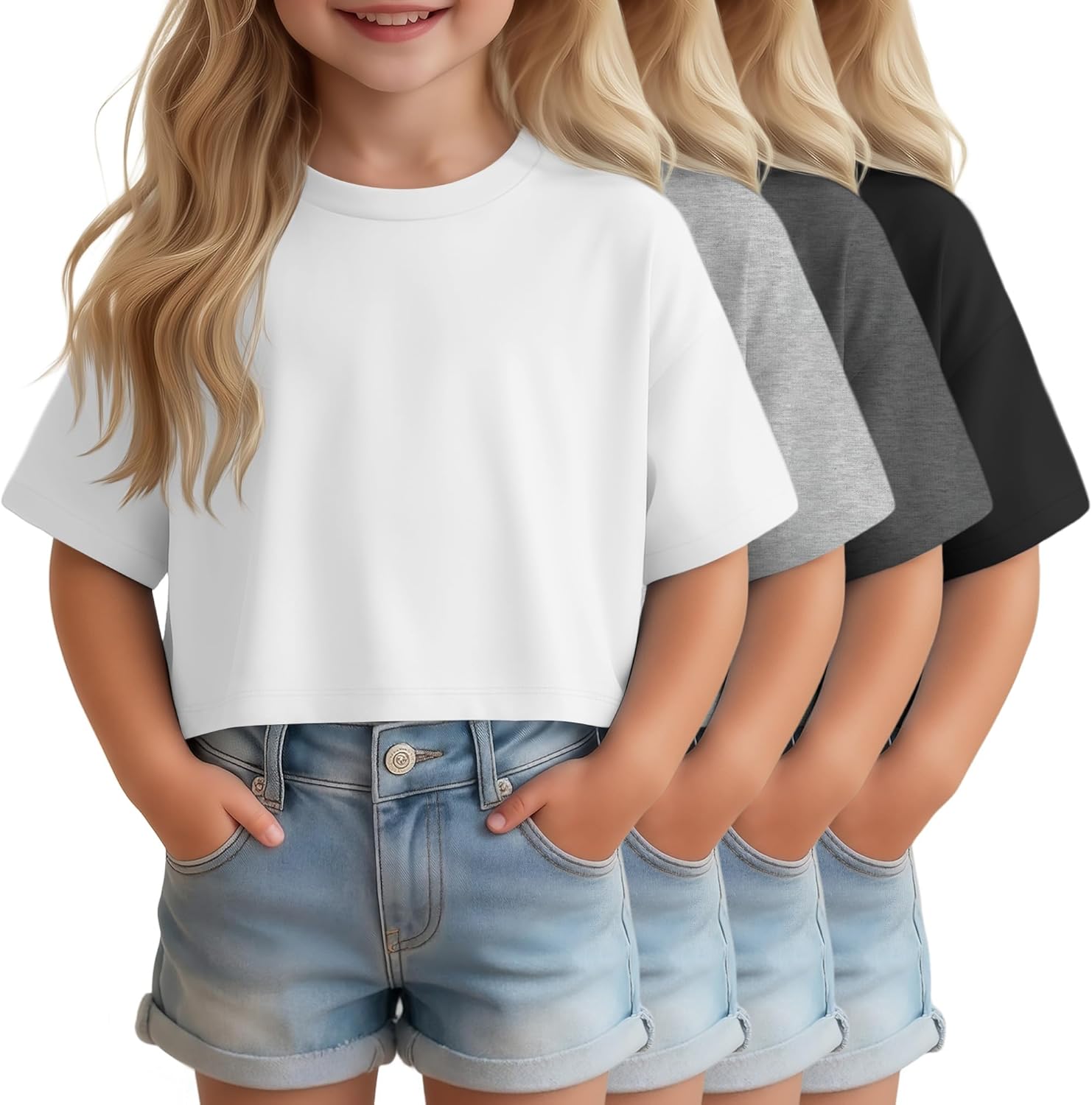 4 Pack Toddler Girls Short Sleeve Shirts Crop Tops Baby Girls Crew Neck Cropped T Shirts Basic Tees Size 18m-5t