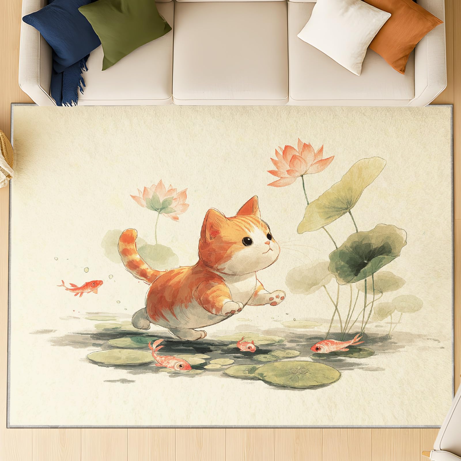 Générique Tapis Imprimé Encre De Chine pour Salon Chambre Décoration de la Maison Doux Lavable Chambre d'enfants Tapis de Sol de Jeu, Chat Étang Lotus Motif (Beige Clair 60 x 90 cm)