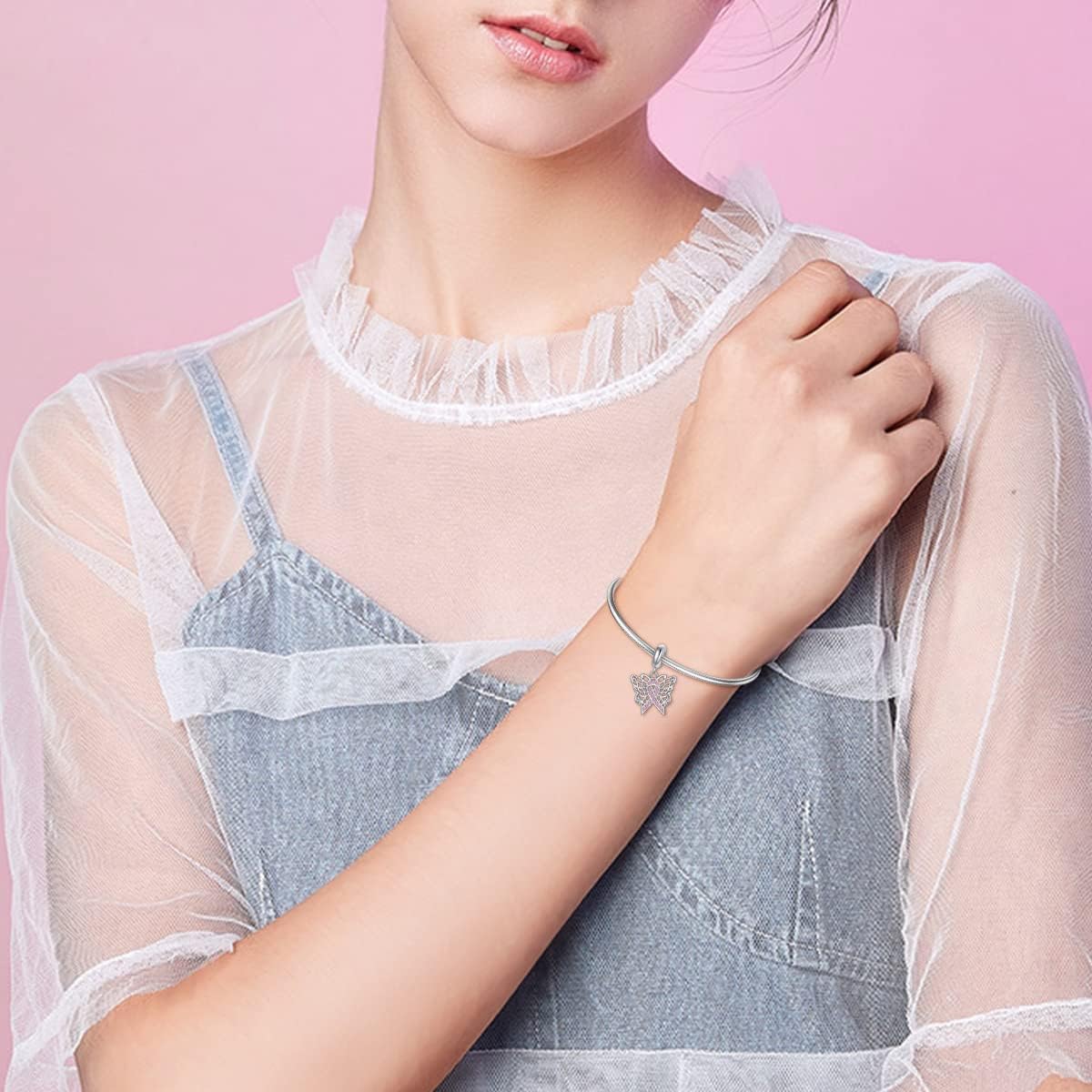 AOBOCO 925 Sterling Silver Butterfly/Dragonfly Breast Cancer Awareness/Breast Cancer Survivor Charm for Women - Image 5