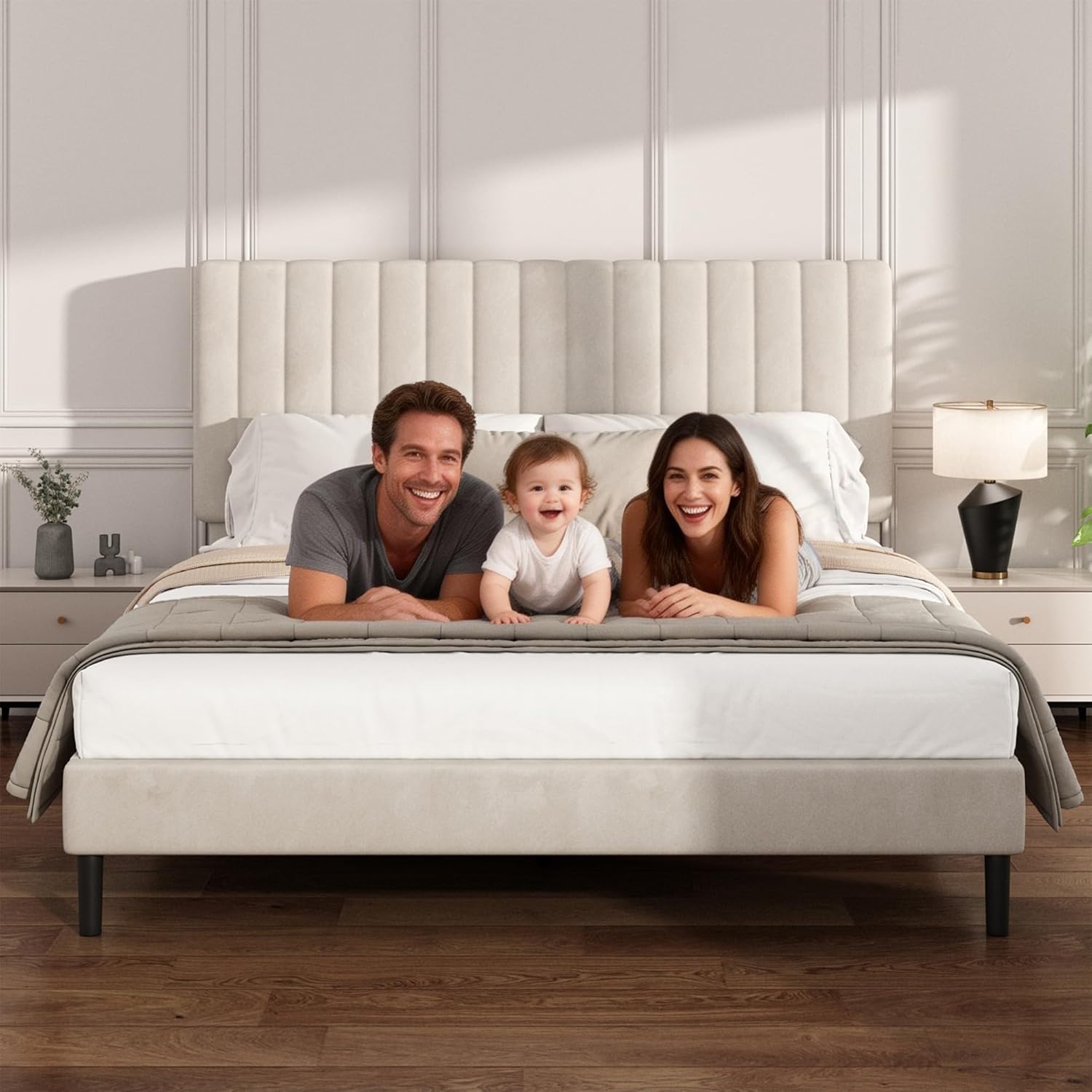 Full Size Platform Bed Frame with Vertical Channel Tufted Headboard, No Box Spring Needed, Noise-Free, Easy Assembly, Beige Velvet