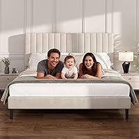 Vista 7 de Base de cama de plataforma tamaño Queen con cabecera capitoné de canal vertical, no necesita somier, sin ruido, fácil montaje, terciopelo beige