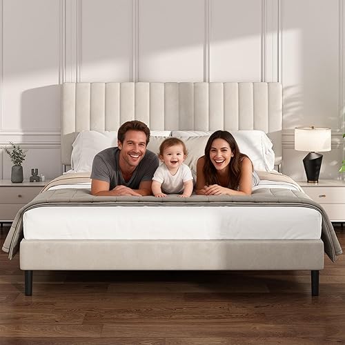 Miniatura 7 de Base de cama de plataforma tamaño Queen con cabecera capitoné de canal vertical, no necesita somier, sin ruido, fácil montaje, terciopelo beige
