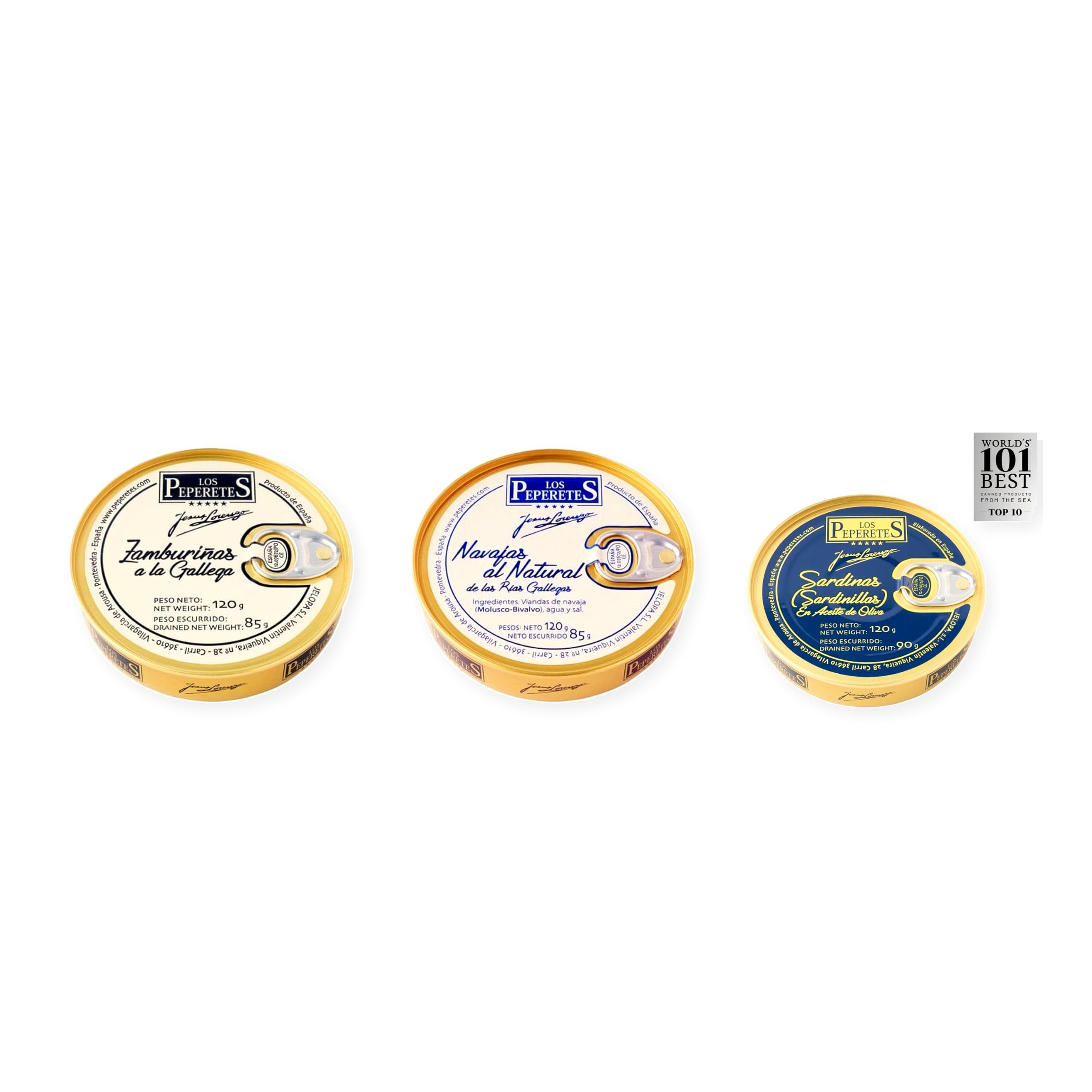 los peperetes conservas Zamburiñas Gallega, Navajas Natural y Sardinillas Aceite Oliva pack 3 latas