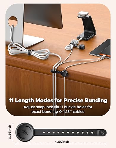 Miniatura 6 de Paquete de 8 clips organizadores de cables con bridas de silicona 2 en 1, organizador magnético de cables suave ajustable y bloqueo de 1s, soporte