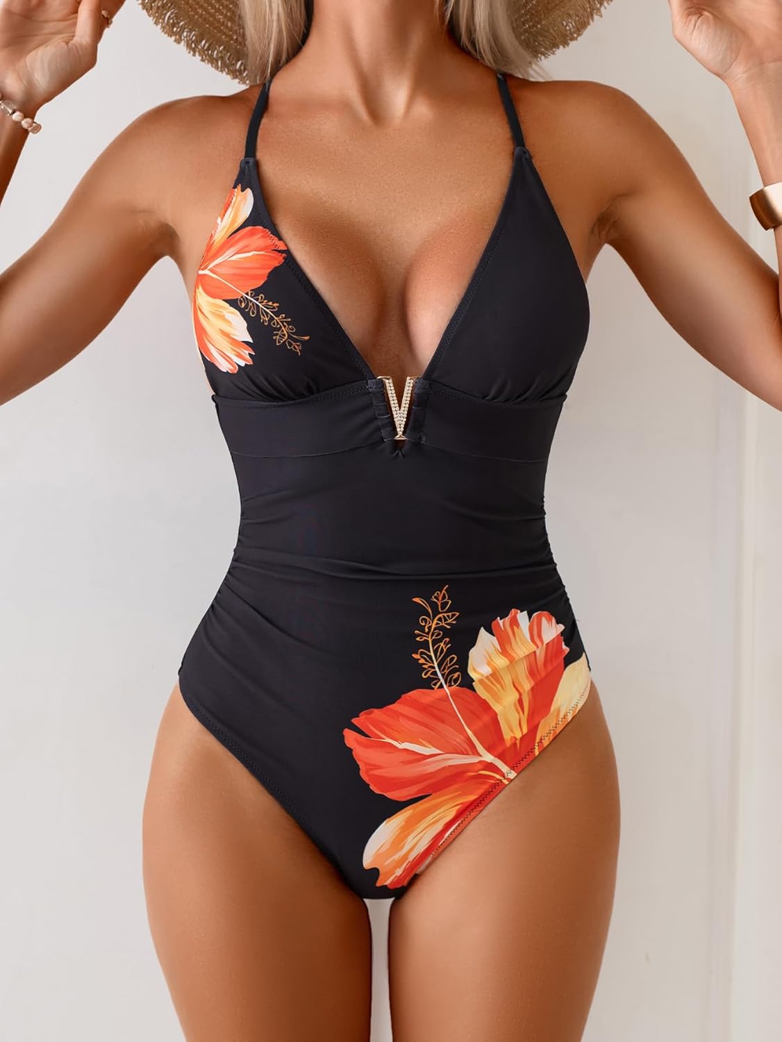 Eomenie Womens Swimsuit Sexy Deep V Neck One Piece Bathing Suit Tummy Control Ruched Swim Suit with Adjustable Straps - Image 3