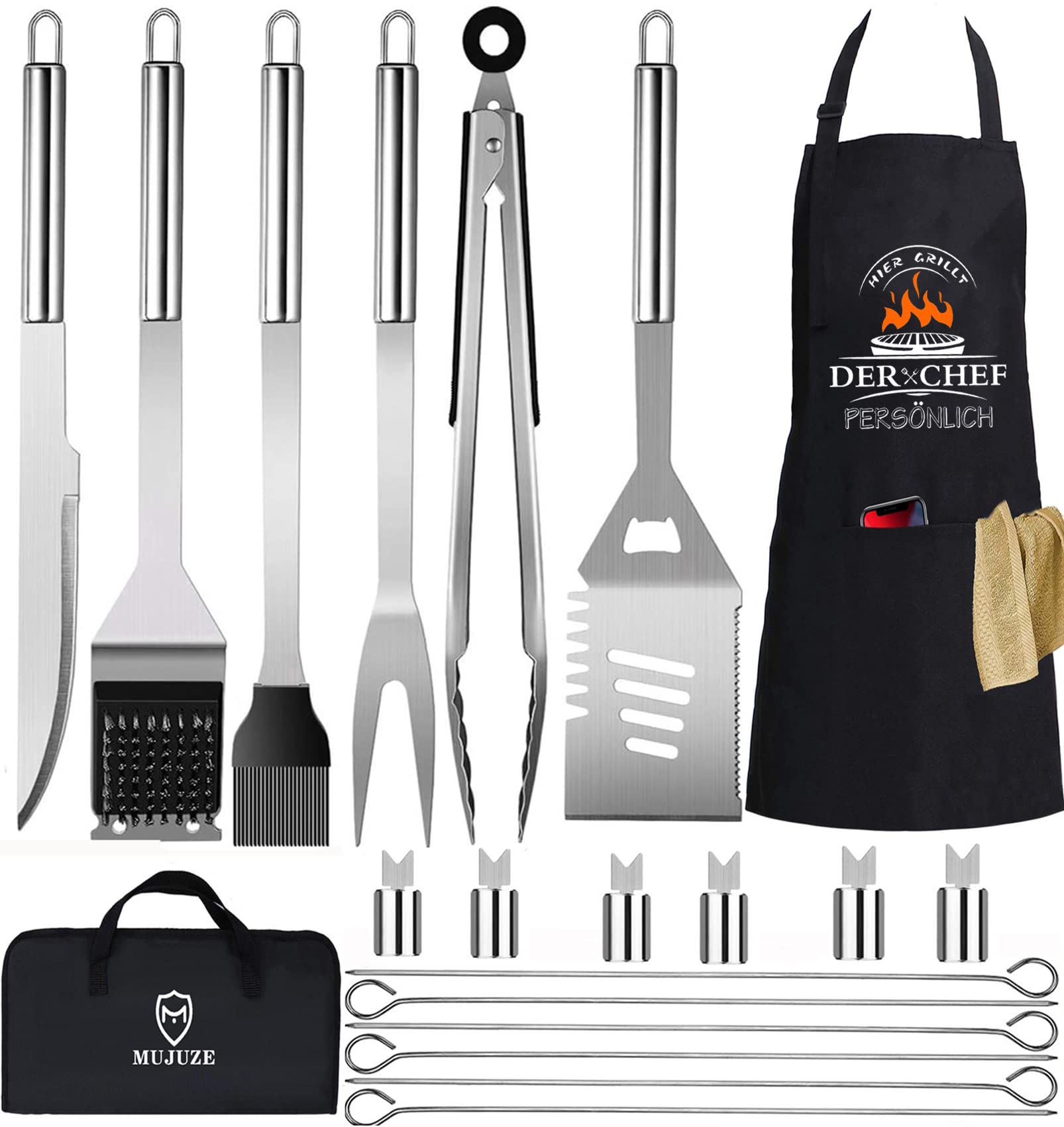 20 Stücke Grillbesteck Set,Grillzubehör Männer Geschenk,Edelstahl Grillkoffer Set, Grill Zubehör mit Grillzange Grillspachtel und Grillschürze, BBQ Grill Set Ideales für Garten und Camping