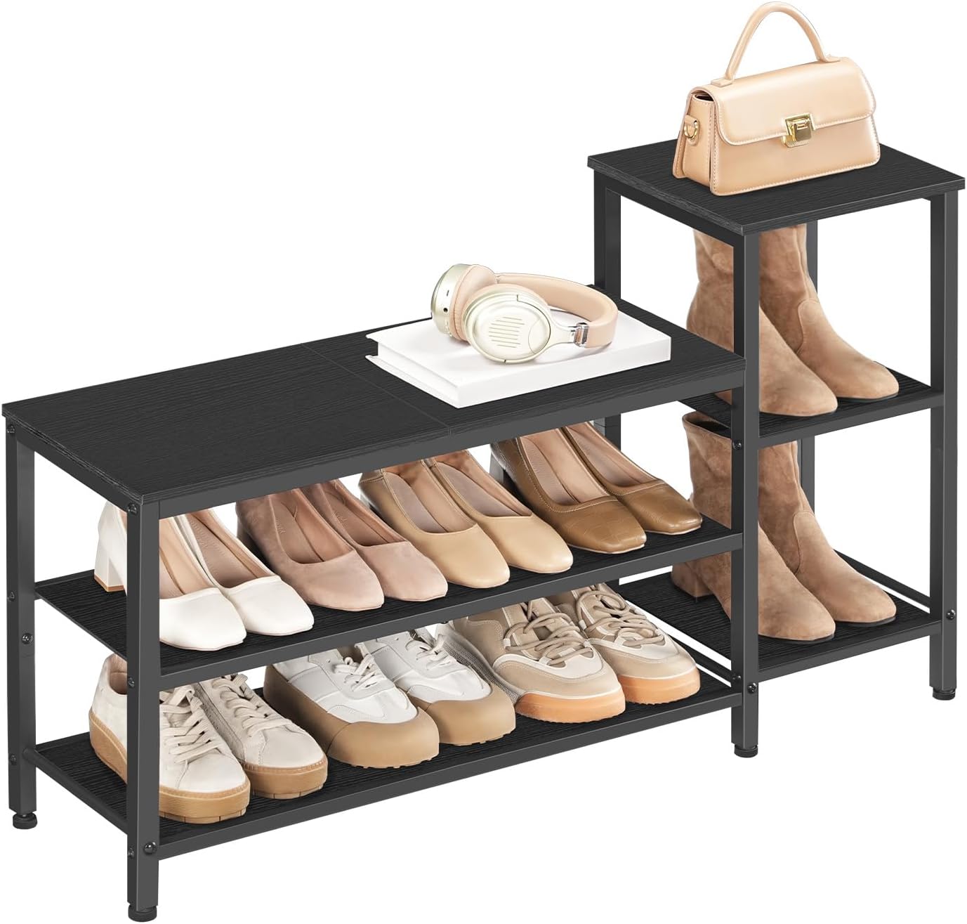 3-Tier Shoe Rack Bench, Wooden Shoe Storage Bench, Industrial Entryway Bench with Storage, Multi-Functional Shoe Rack with Seat for Bedroom, Hallway, Living Room, Black HX05BB