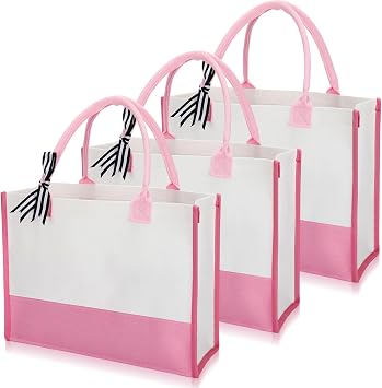 Shinylin 3 Pcs Initial Canvas Tote Bag Reusable Bulk for Woman Gifts, Pink