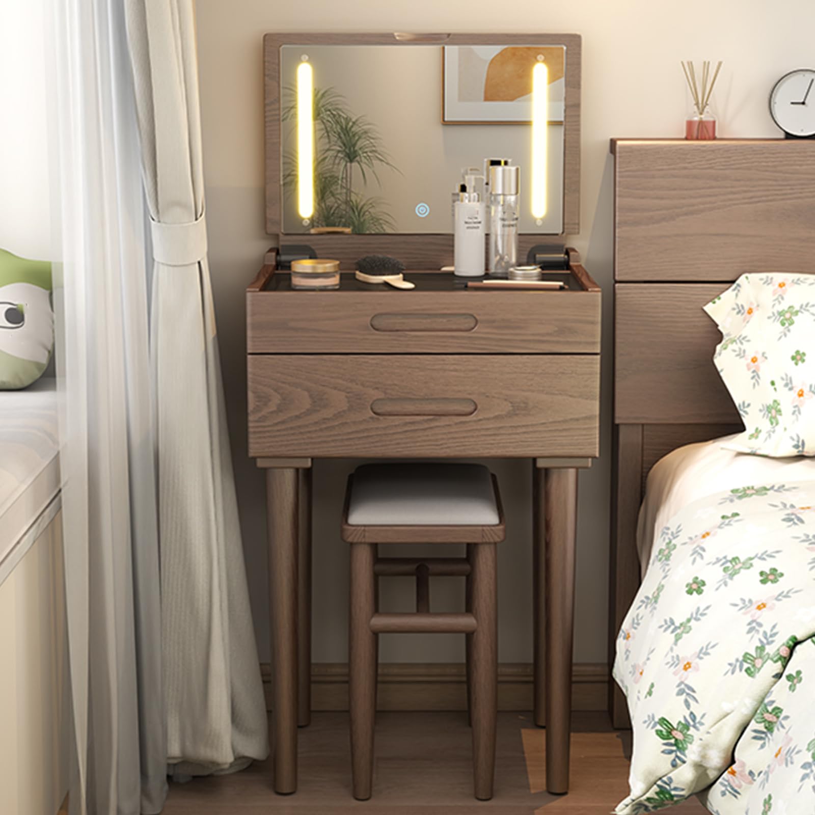 asdchZen Vintage Makeup Vanity Table Set With Led Light, Wood Dressing Table With 2 Drawers, Cushioned Stool For Small Spaces-Walnut Finish, Stylish Bedroom Furniture