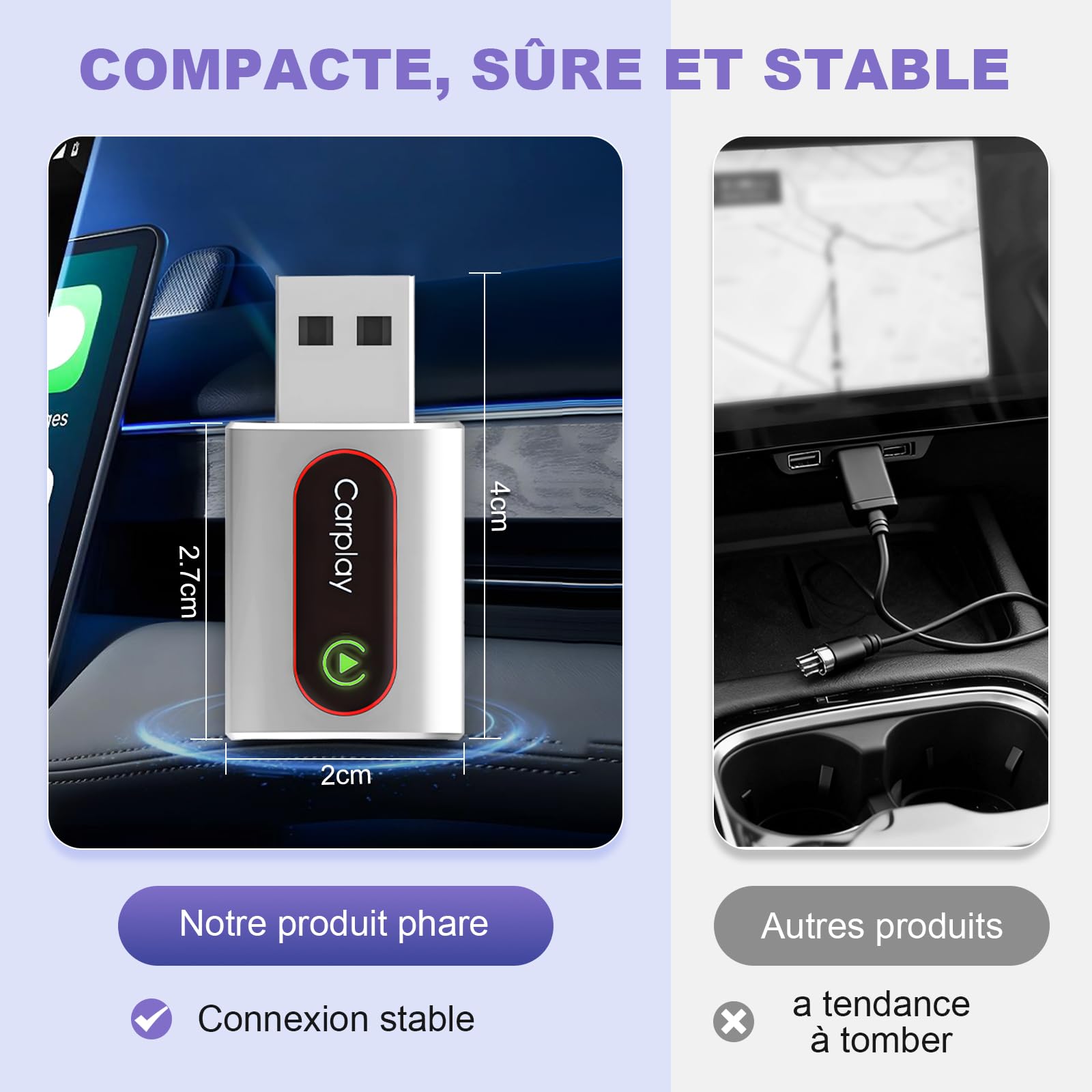 Adaptateur CarPlay sans Fil, Mini Type-C/USB A Wireless Adaptateur, Plug & Play, Convertit Filaire en sans Fil, Compatible avec Apple CarPlay/Android Auto et Voitures avec CarPlay Filaire