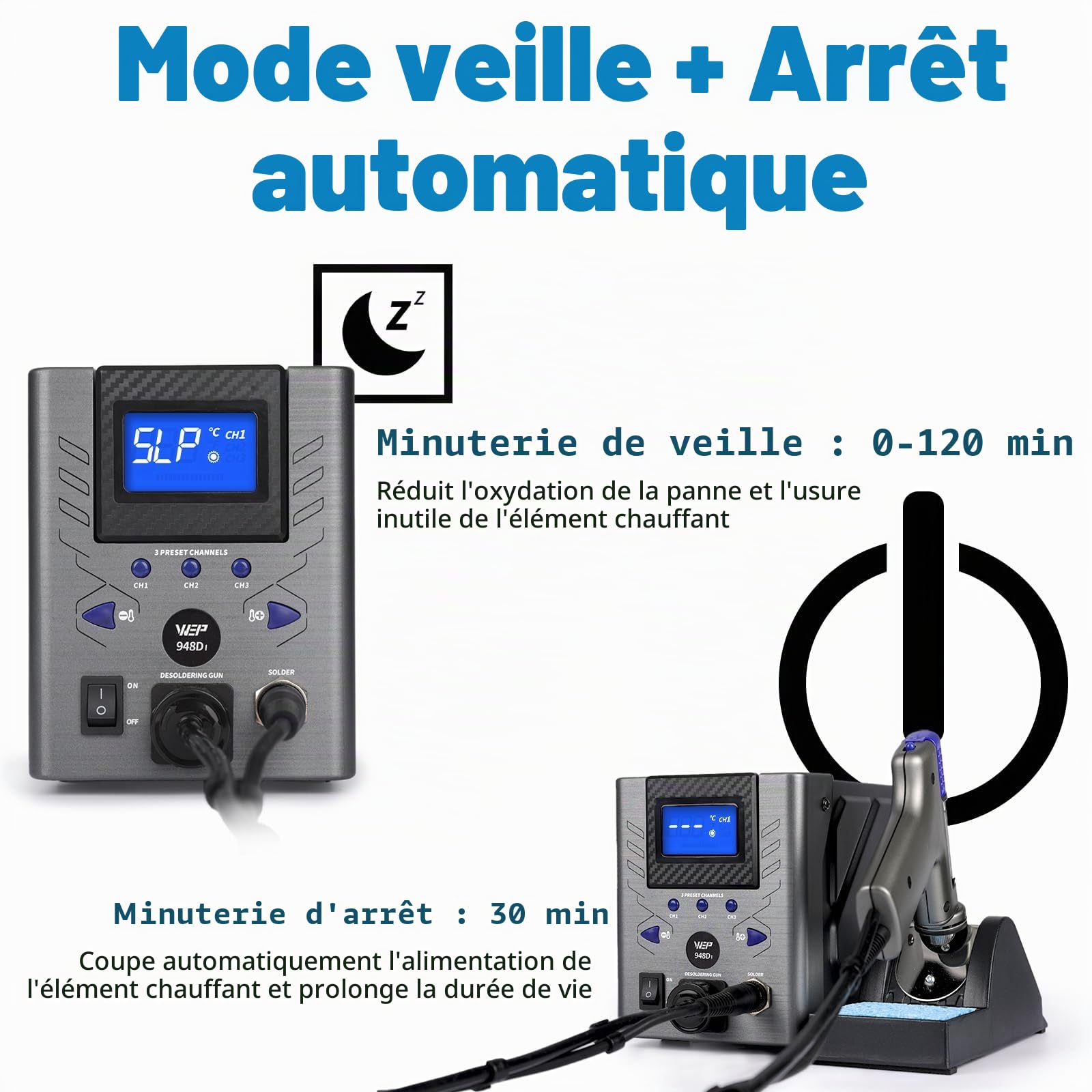 WEP 948D-I Station de dessoudage haute puissance 110W avec 4 buses de dessoudage, régulation de température avec 3 canaux préréglés, écran inclinable, sécurisé ESD(EU)