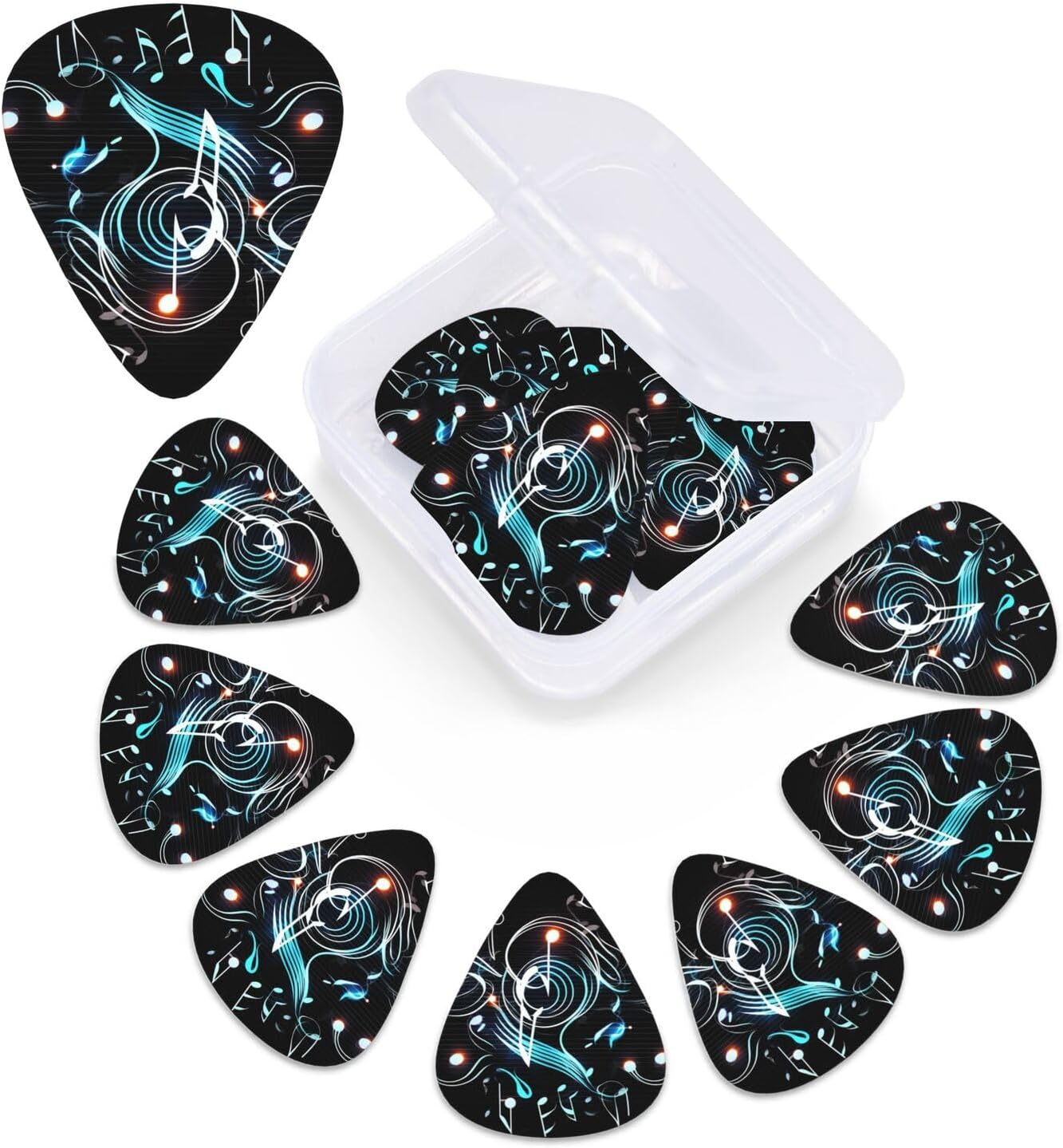 Music Note Print Guitar Picks 12 Pack Personalized Plectrums with Organizer Storage Box, Colorful Celluloid Guitar Plectrum Includes Thin, Medium, Heavy Picks For Acoustic Guitar Bass Picks