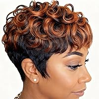 Vista 14 de Pelucas cortas de corte Pixie negro natural para mujeres negras, pelucas de cabello rizado de repuesto, peluca corta negra en capas con flequillo