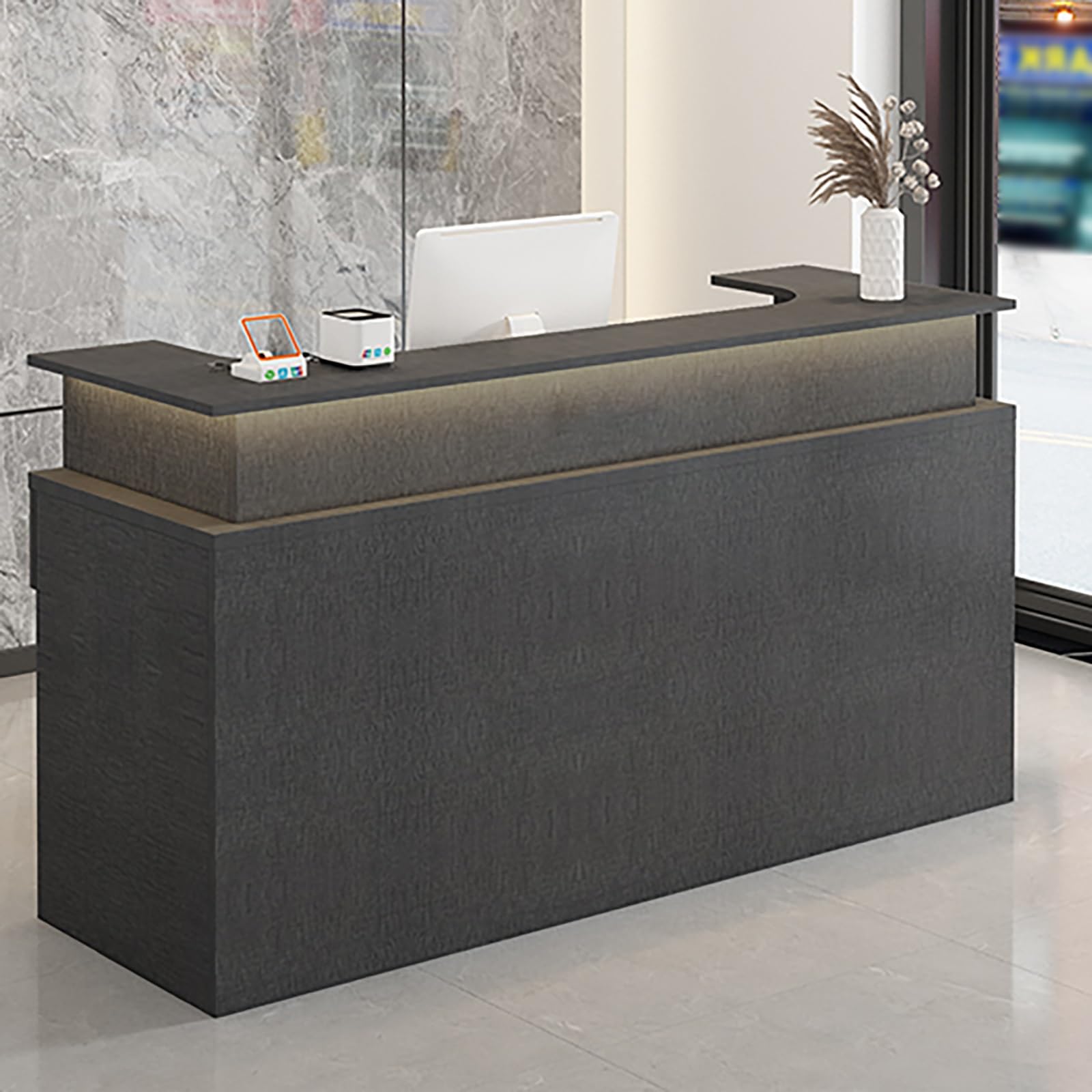 Generico Bancone Reception Moderno con cassettiera e Luce LED Nero da 110 cm, bancone per Cassa/atrio, Ampio Spazio di archiviazione, Elegante e Funzionale