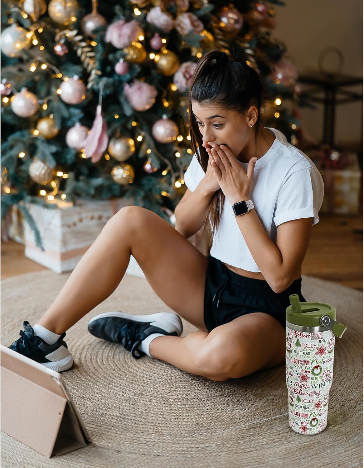 Christmas Tumbler with Handle and Straw Green Xmas Trees Joy Snowflakes Tumbler Insulated Stainless Steel Cups Xmas Coffee Travel Mug Winter Merry Christmas Gifts Decor-30 OZ - Image 2