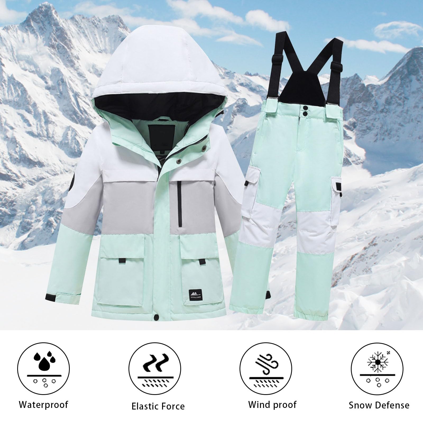 Traje de esquí para niños y niñas, estampado de manga larga, terciopelo grueso, cálido, resistente al viento y al agua, parte superior y pantalón, traje de 2 piezas para correr