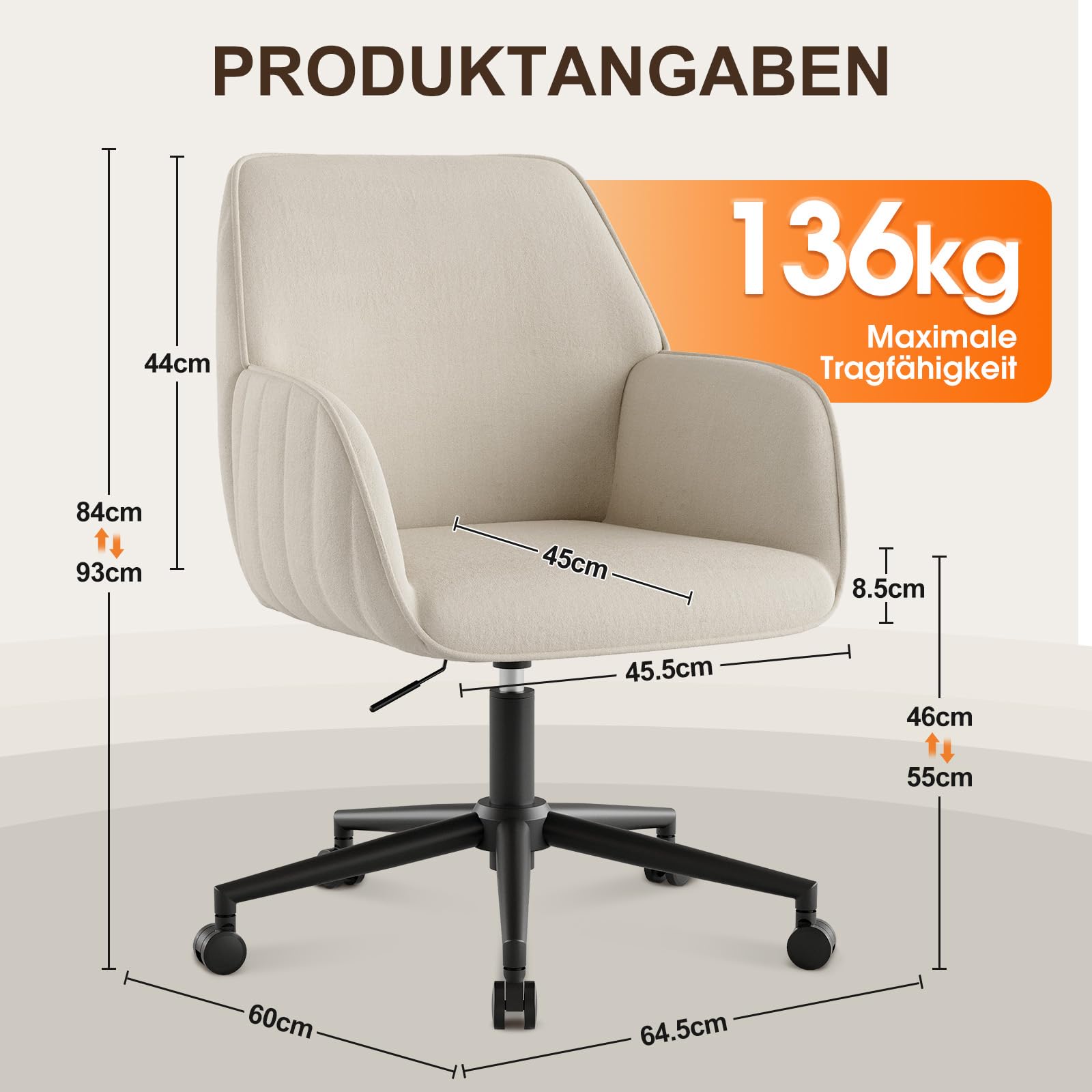 Schreibtischstuhl Bürostuhl Homeoffice bis 136kg Drehstuhl Samt Schminkstuhl mit Armlehnen Rollen Ergonomisch Bequem Frauen Mädchen Vanity Chair Höhenverstellbar Schlafzimmer Heimbüro Weiß