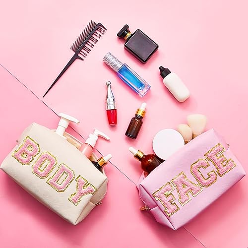 Miniatura 5 de Patelai 2 bolsas de maquillaje preparadas de felpilla, bolsa de parche con letras de felpilla, para la cara, piel, cabello, cosas estéticas, bolsa