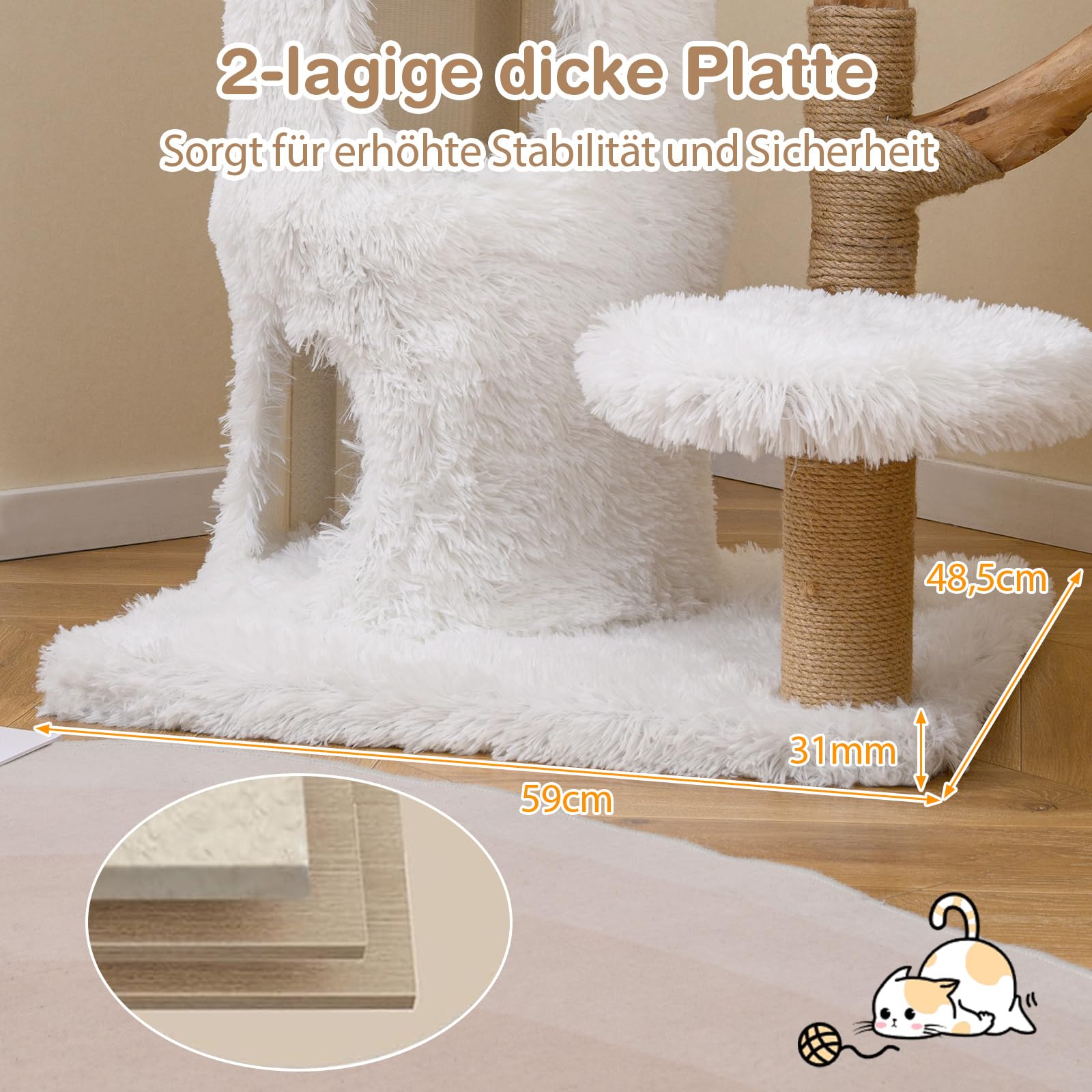 GOPLUS Drapak drewniany, 93 cm z 2 jaskiniami, pień do drapania z naturalnej juty, 3 platformy, masywne drewniane podparcie i miękkie poduszki, drzewko wspinaczkowe dla kotów, meble dla kotów do