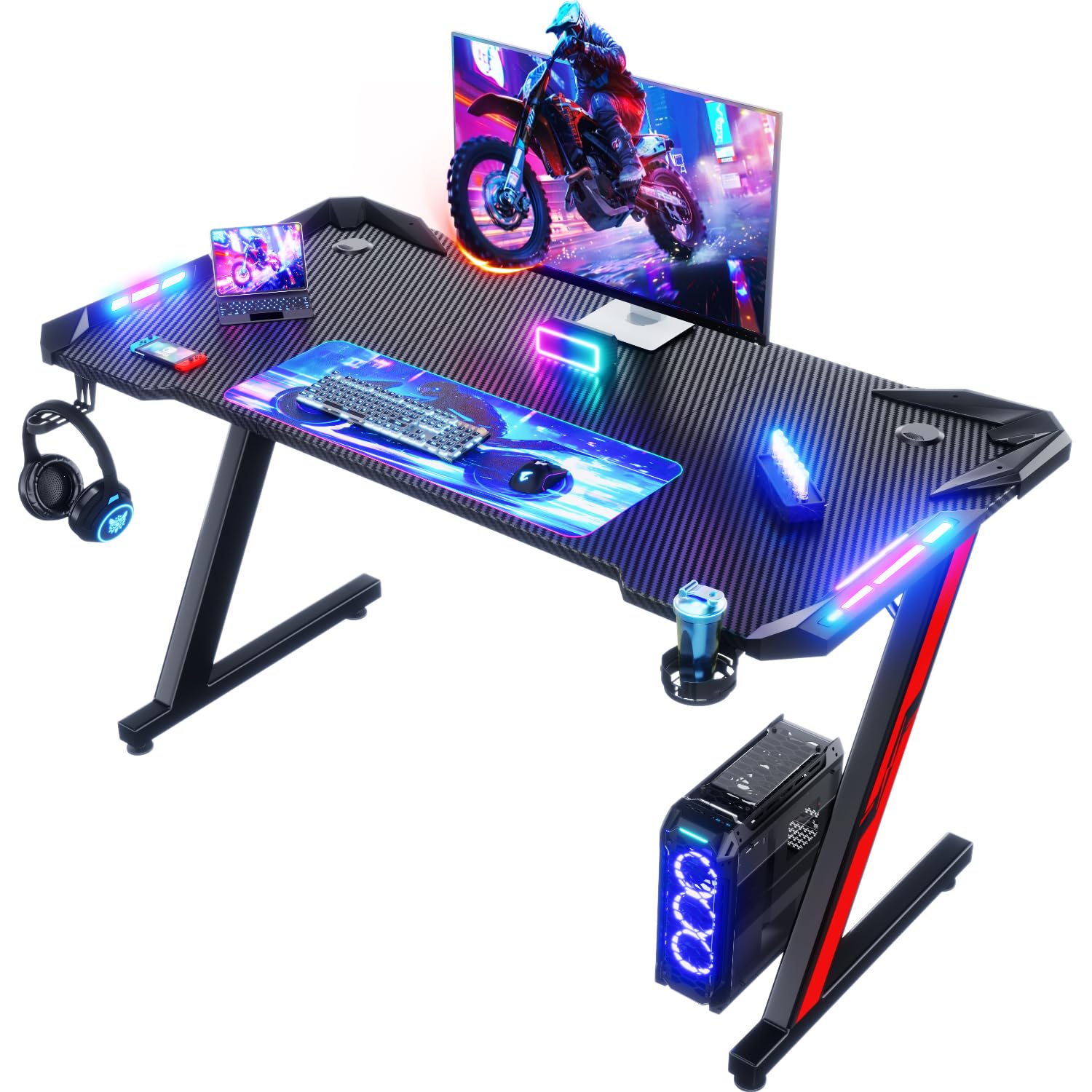 Devoko Mesa Gaming LED 120 x 60 cm, Escritorio Gaming de Fibra de Carbono, Mesa de Juego, Escritorio de Juego Ergonómico con Ganchos para Auriculares y Soporte para Vasos de Agua