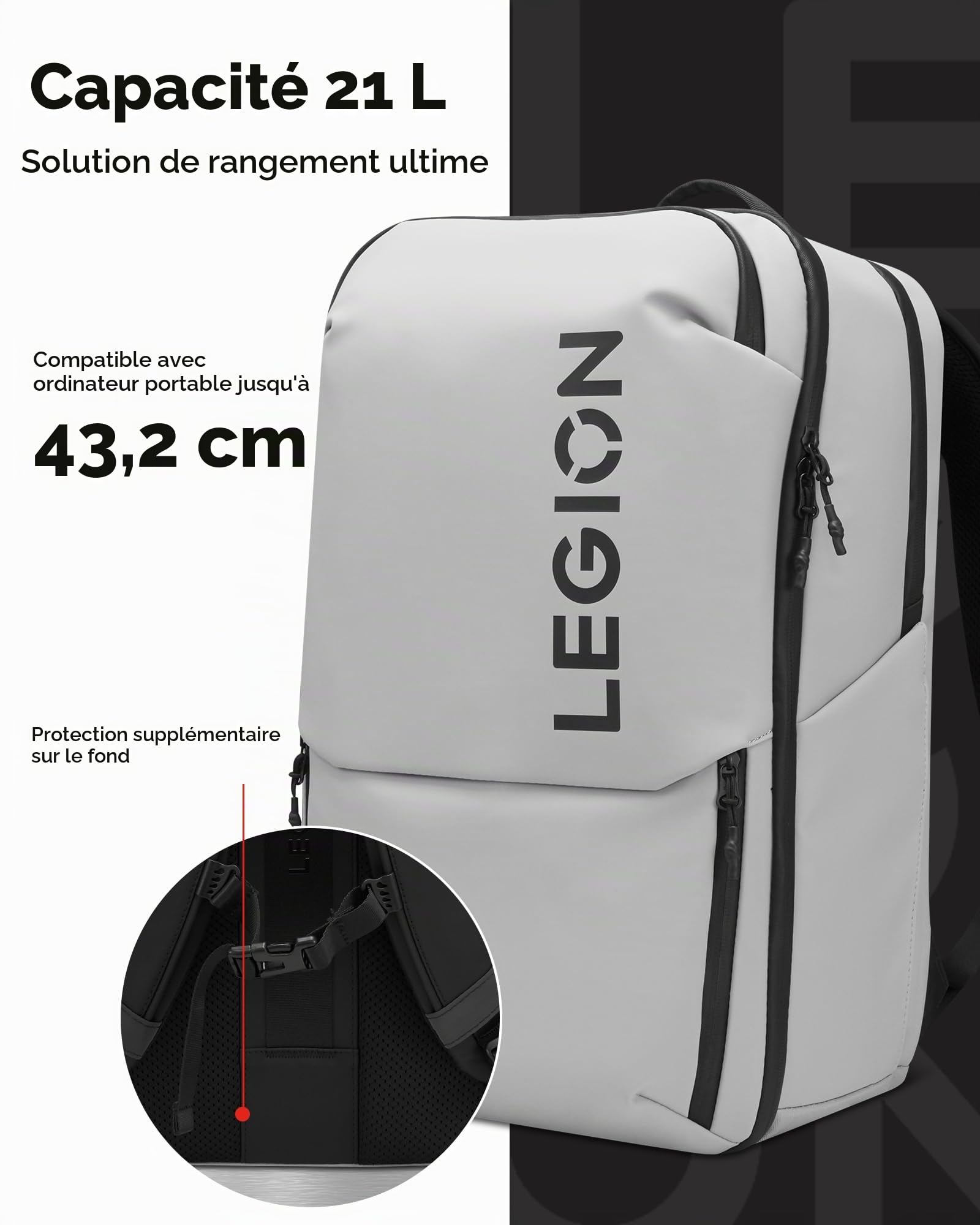Lenovo - Sac à dos Gaming Legion 17" GB800 (étanche, capacité jusqu'à 21 litres, ouverture à 180°, poches pour ordinateur, tablette, bouteilles d'eau, sangles ergonomiques) - Couleur gris clair