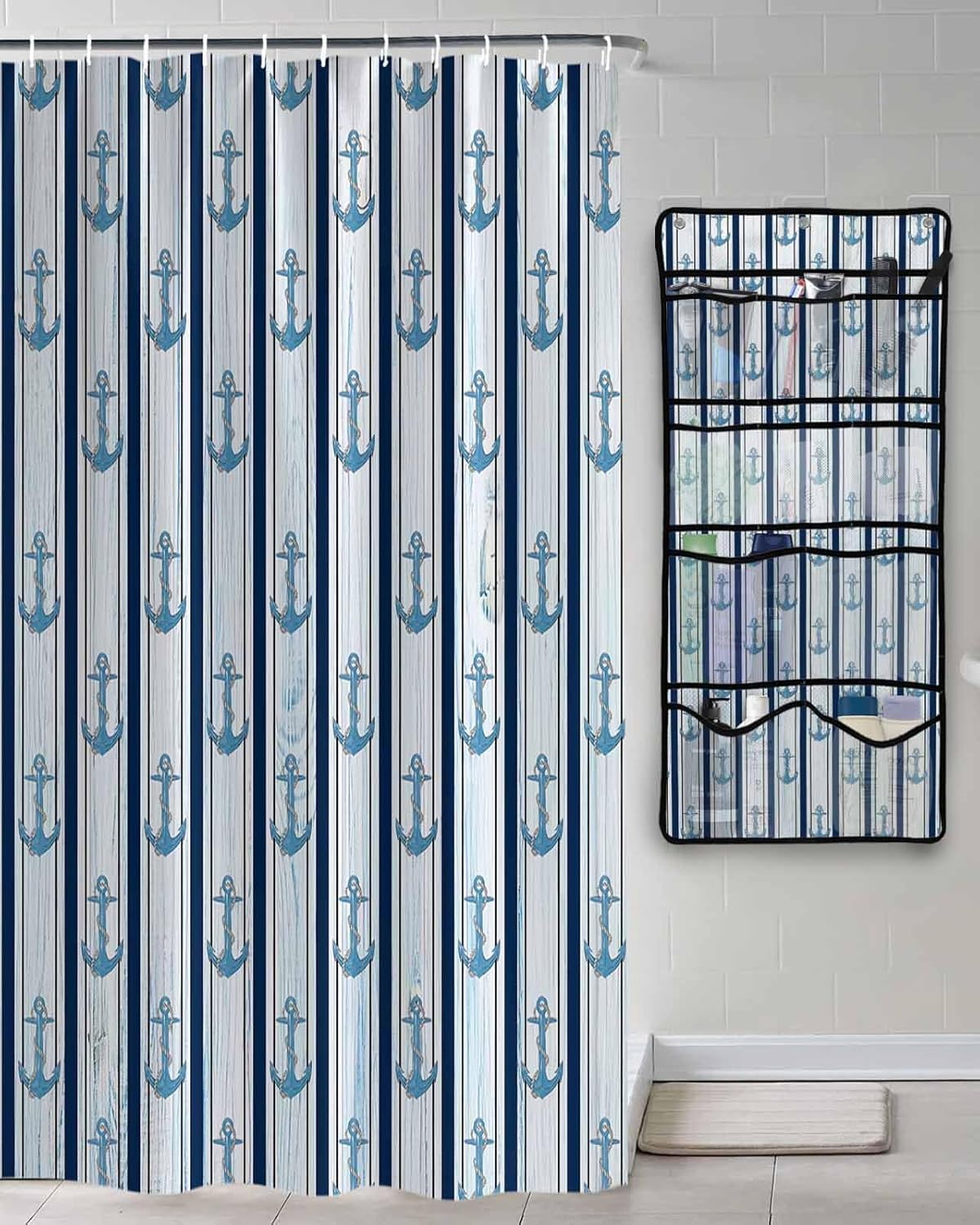 Shower Curtain Mesh Shower Organizer Hanging Set Summer Vintage Ocean Anchor Blue Stripes Waterproof Shower Curtains with 10