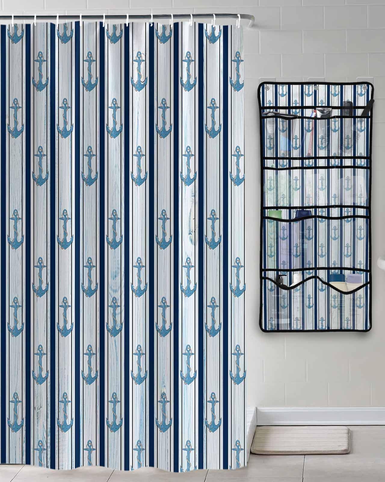 Shower Curtain Mesh Shower Organizer Hanging Set Summer Vintage Ocean Anchor Blue Stripes Waterproof Shower Curtains with 10