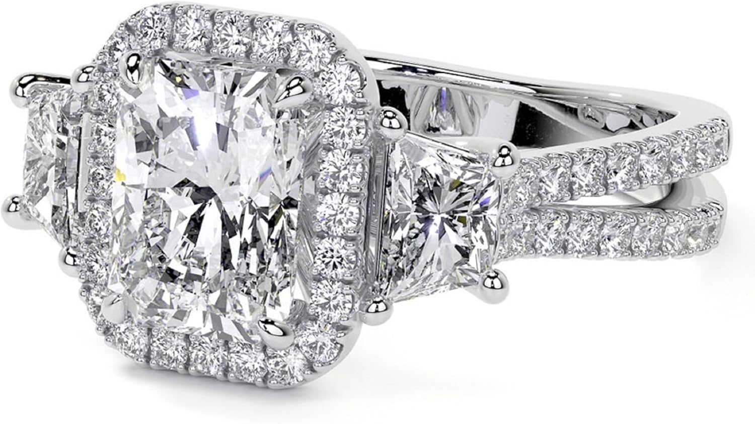 1.00 CT - 5.00 CT Radiant Cut Moissanite Engagement Trellis Ring Halo Style Three Stone Wedding Ring For Women Unique Four Prong Setting 925 Sterling Silver,Solid 10K/14K/18K Gold Ring