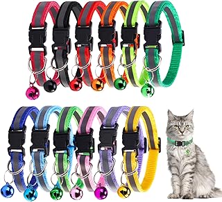 Pack of 12 Reflective Cat Collars, Cat Safety Clasp, Adjustable Length 20 cm - 32 cm, Soft, Skin-Friendly Cat Collar with Bell for All Cats and Puppies (12 Colours) product image